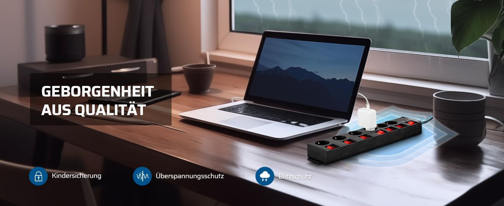 DEWENWILS 2M Steckdosenleiste mit 2 USB, 6 Fach Mehrfachsteckdose mit Schalter, Schwarz