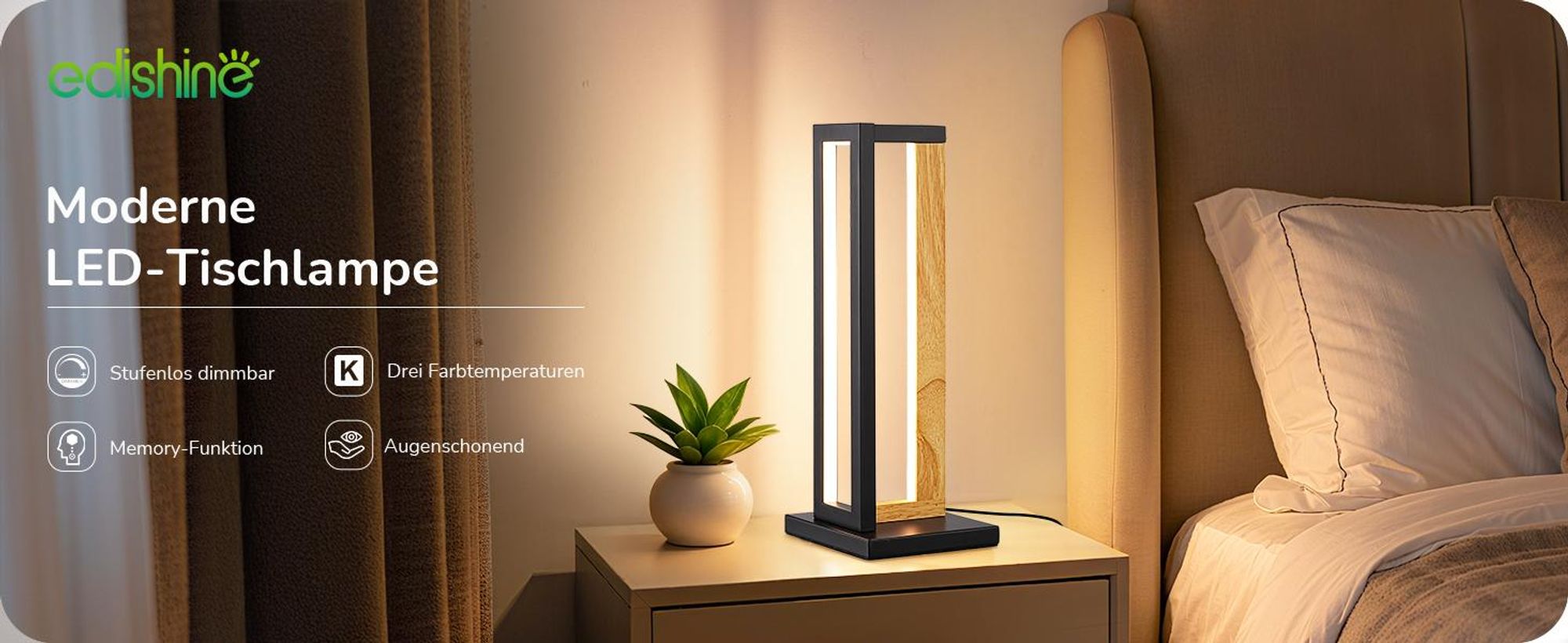 EDISHINE Nachttischlampe Touch Dimmbar, Moderne Tischlampe mit 3 Farbtemperaturen und Memory-Funktion, Metall & Holz Design,35cm