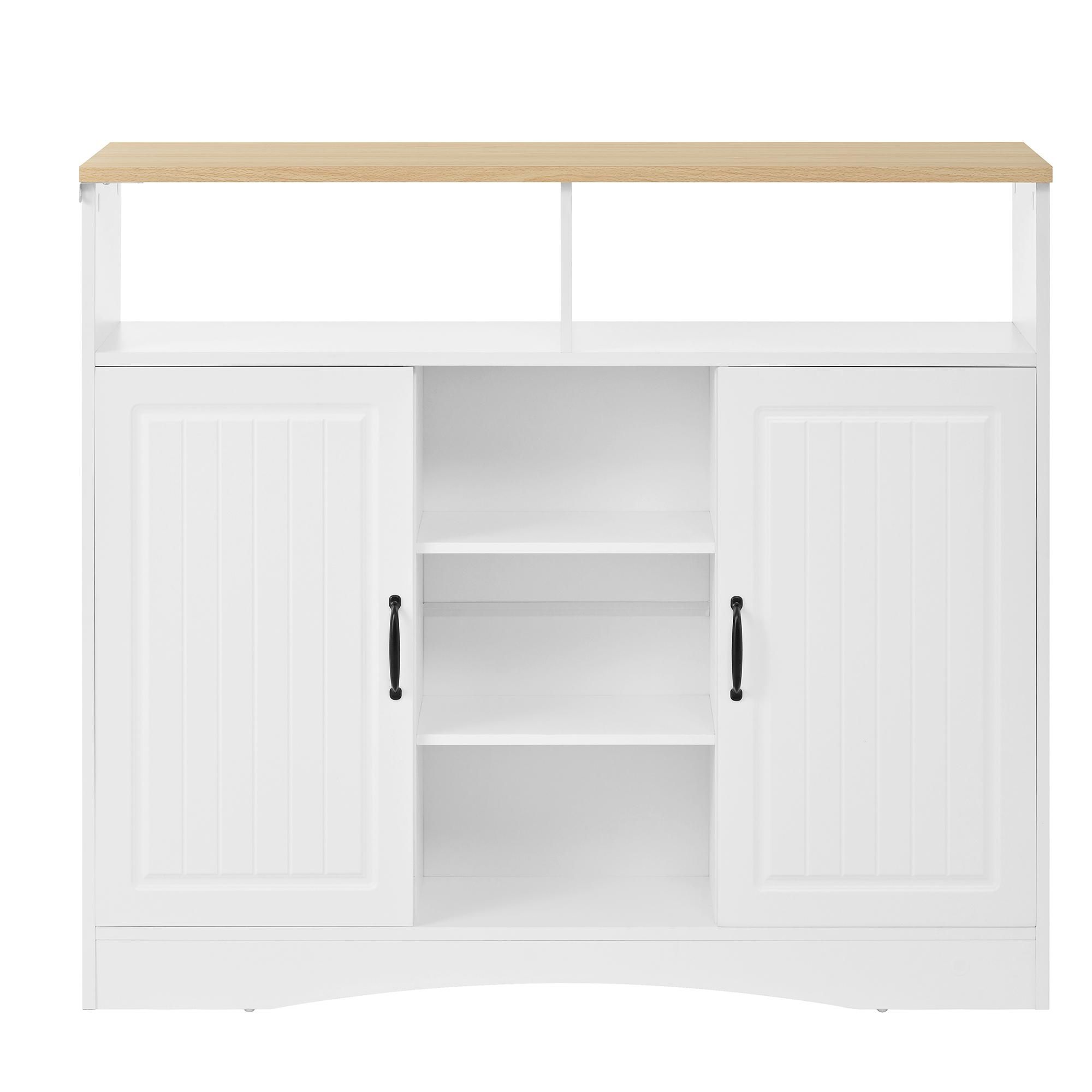 Flieks Servierwagen Esstisch mit Klappbarer Arbeitsplatte und 2 Barhockern, Kücheninsel mit Sitzgelegenheit, Sideboard Kommode, Weiß