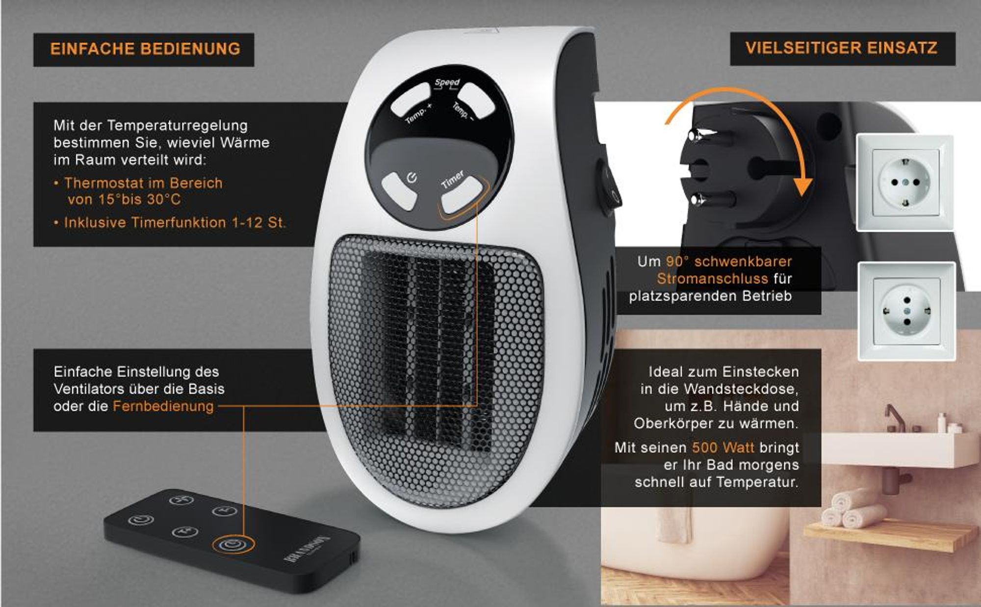 Brandson 500W Steckdosen Heizlüfter, Mini Keramikheizgerät mit Fernbedienung, Überhitzungsschutz, Automatische Abschaltung, Schwarz