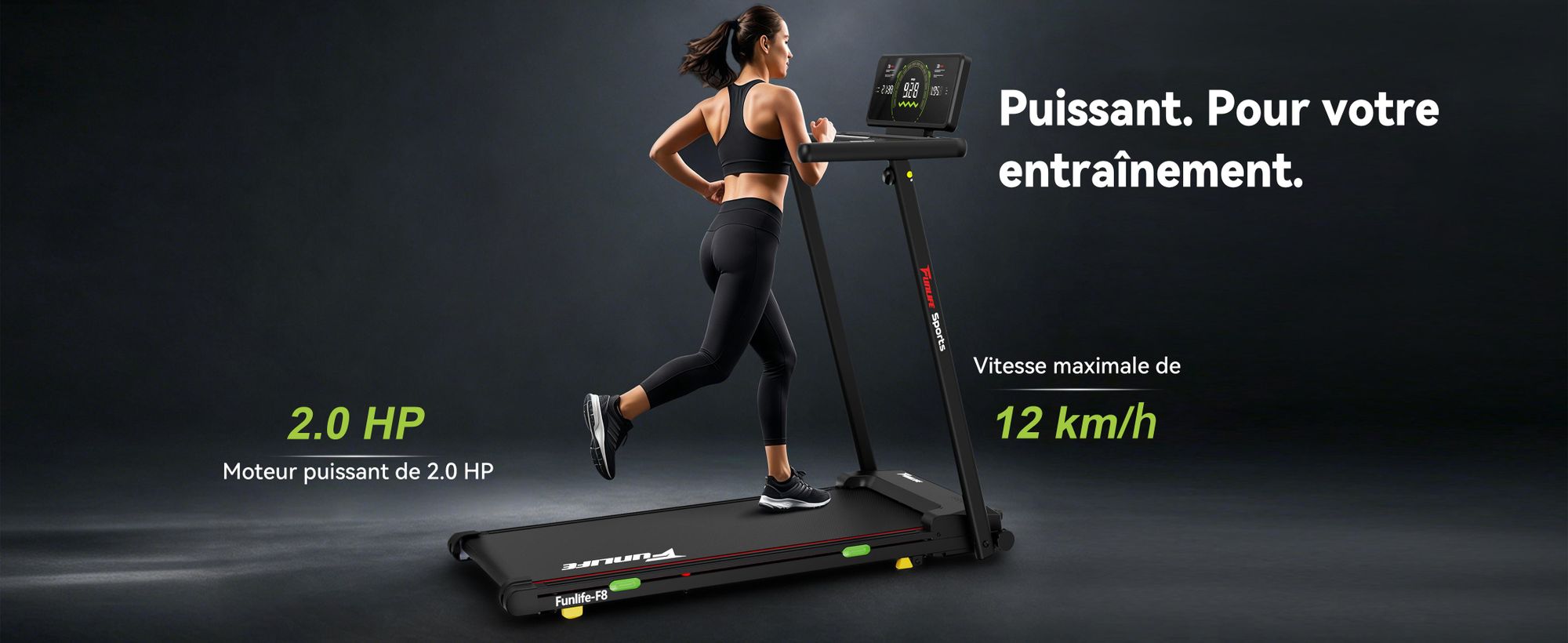 Tapis de course pliable FunLife F8 avec une inclinaison de 5 %, écran intégré à la main courante, surface de course extra-large, silencieux et ménageant les articulations, 12 programmes, 1 à 12 km/h