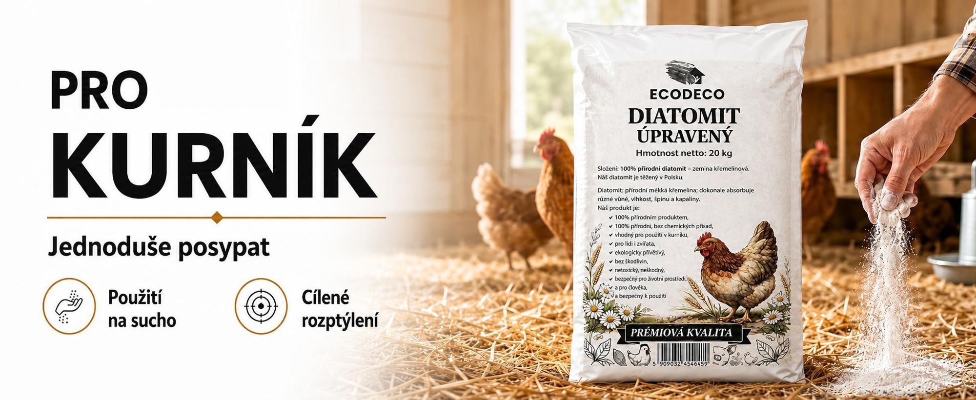 Ecodeco, křemelitá zemina (diatomit), 20 kg, pro slepčí hnízda, stelivo a chov zvířat – minerální materiál, který dobře absorbuje vlhkost, bez zápachu