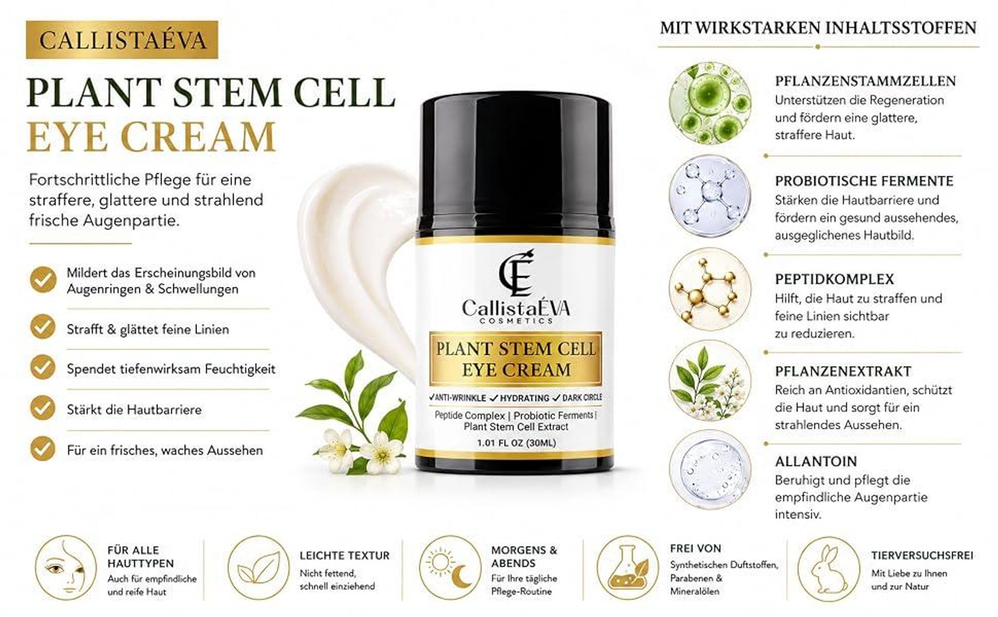 CallistaÉVA Stammzellen Augencreme – Anti-Aging gegen Augenringe, Schwellungen & Falten – Mit Peptiden, Hyaluron, Alle Haupttypen– 30ml