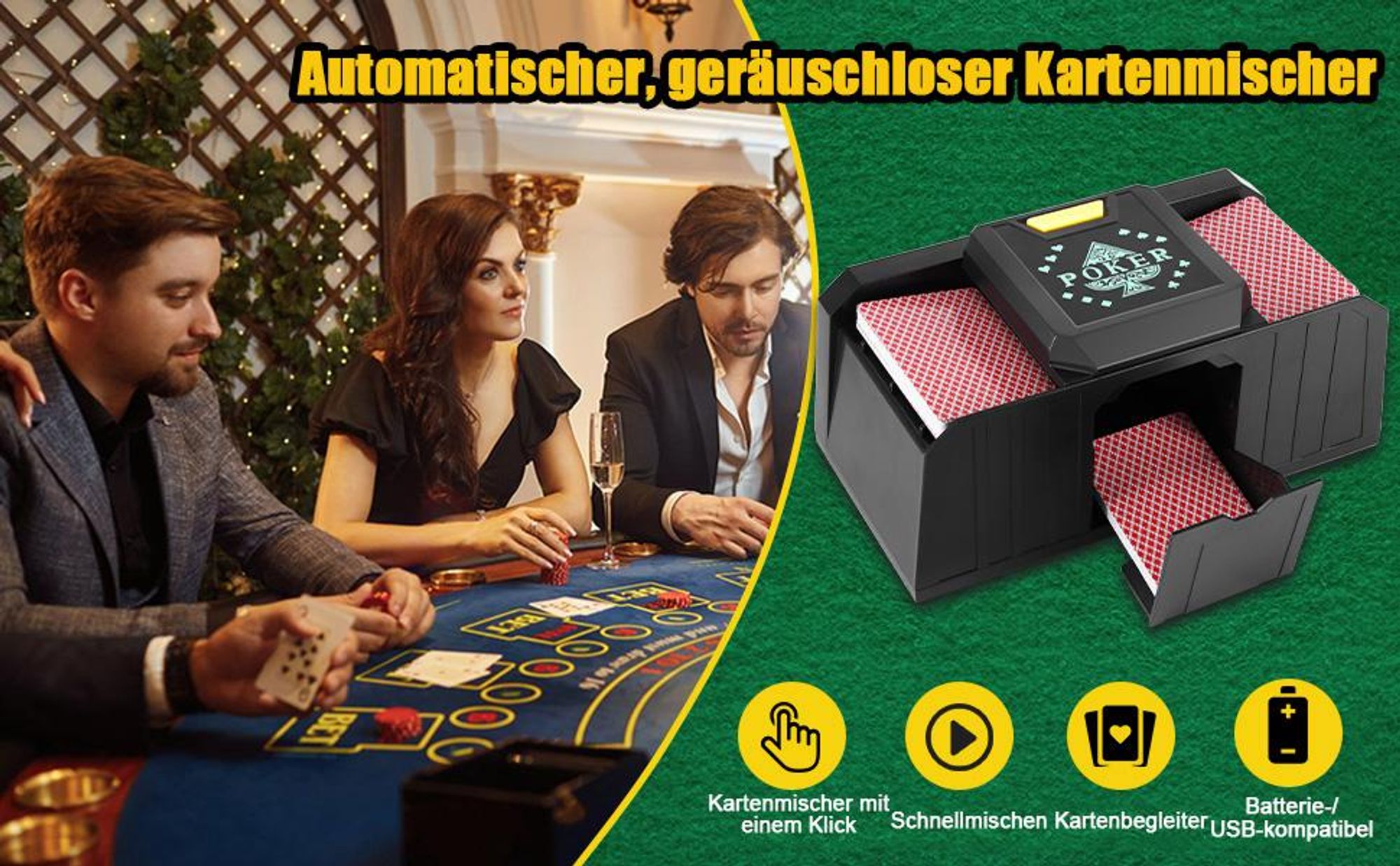 Automatischer Spielkartenmischer, Kartenmischmaschine, Ein/Zwei Deck-Karten-Mischung, Leise, batteriebetrieben
