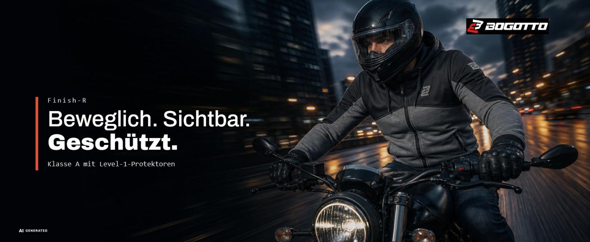 Bogotto Finish-R Motorrad Zip Hoodie, schwarz, L