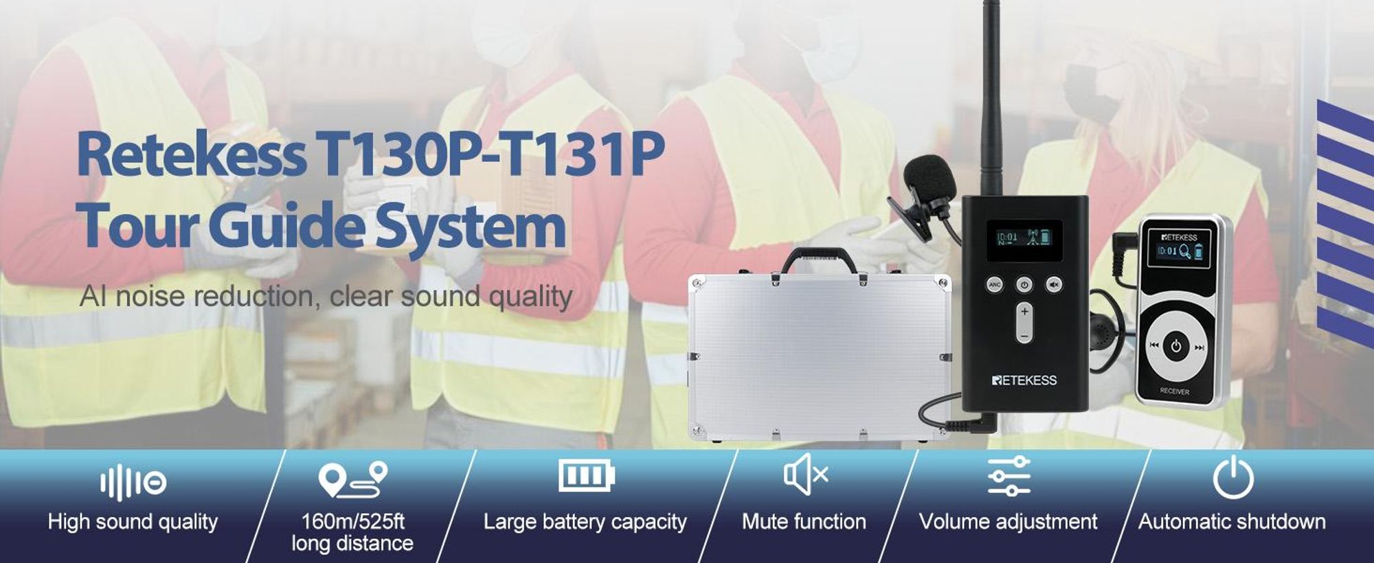 Retekess T130P – bezdrôtový sprievodcovský systém, audio sprievodcovský systém Whisper, dosah 160 m, potlačenie šumu, nabíjanie cez konektor Type-C pre výlety a cestovanie, vysielačka
