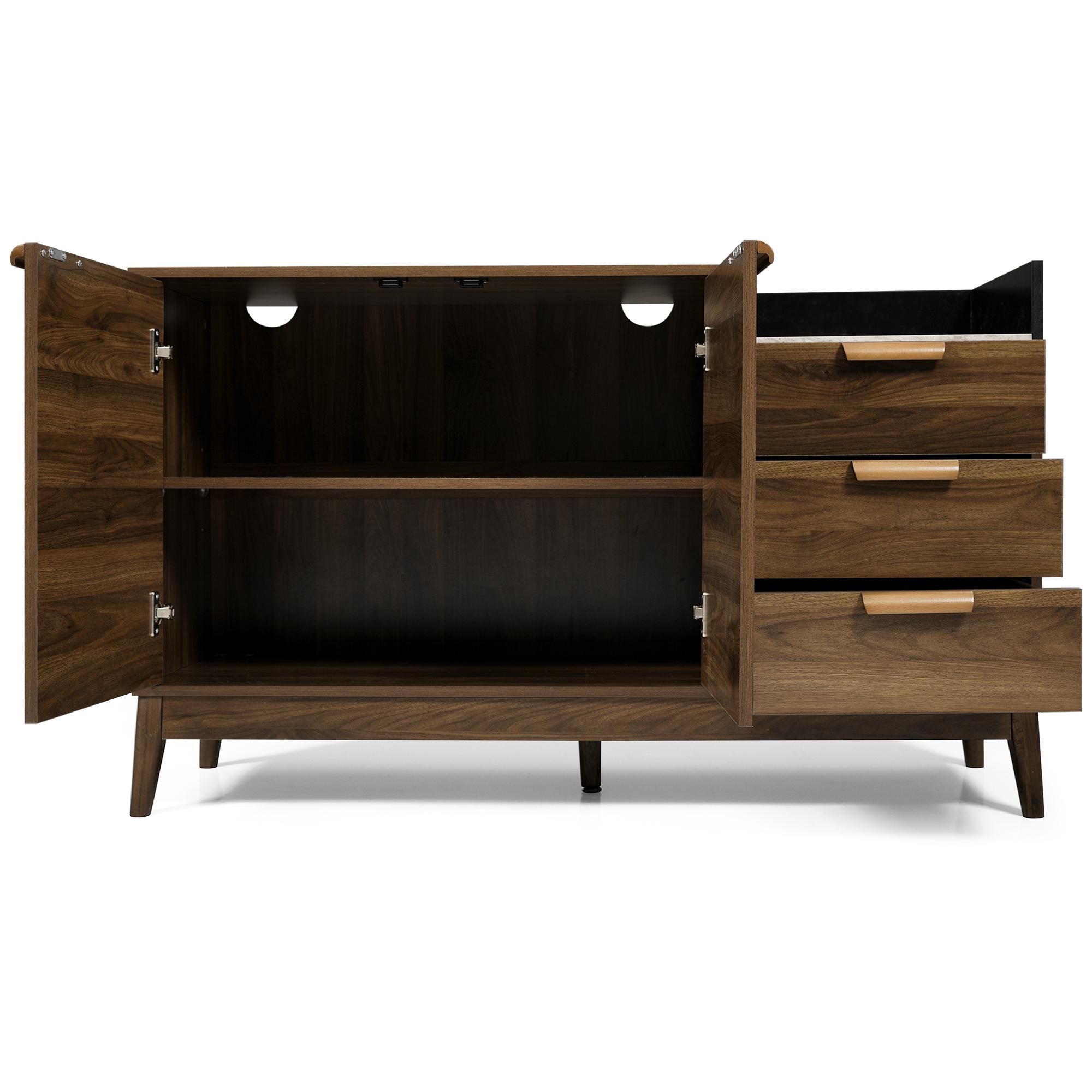 Flieks Kommode Wohnzimmerschrank mit Schubladen und offenem Staufach, Anrichte Sideboard mit Tür und verstellbaren Einlegeböden, Oak