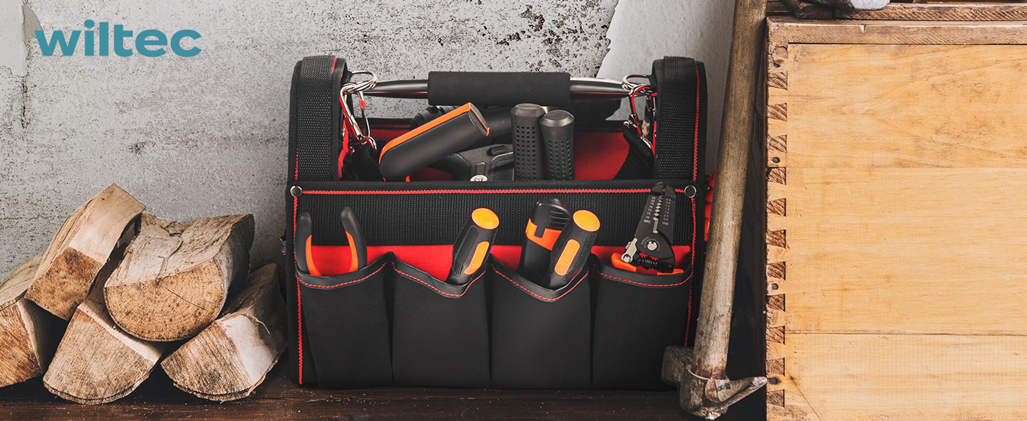 Wiltec Werkzeugtasche Größe XL 44x22x25 cm, Werkzeugbeutel mit verstellbarem Schultergurt und Tragegriff, Innen- und Außenfächer, Aufbewahrungstasche