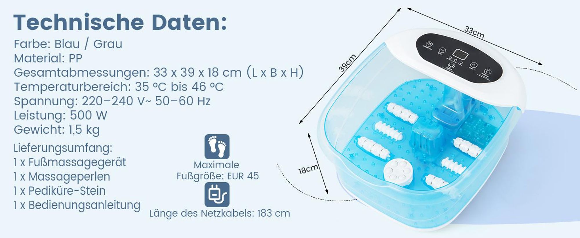 COSTWAY Fußsprudelbad elektrisch, Massagegerät mit 35-46°C Heizung, Blasen & Vibration, Fußbad mit 1H Timer, Bimsstein, Massagerollen & Massageknoten