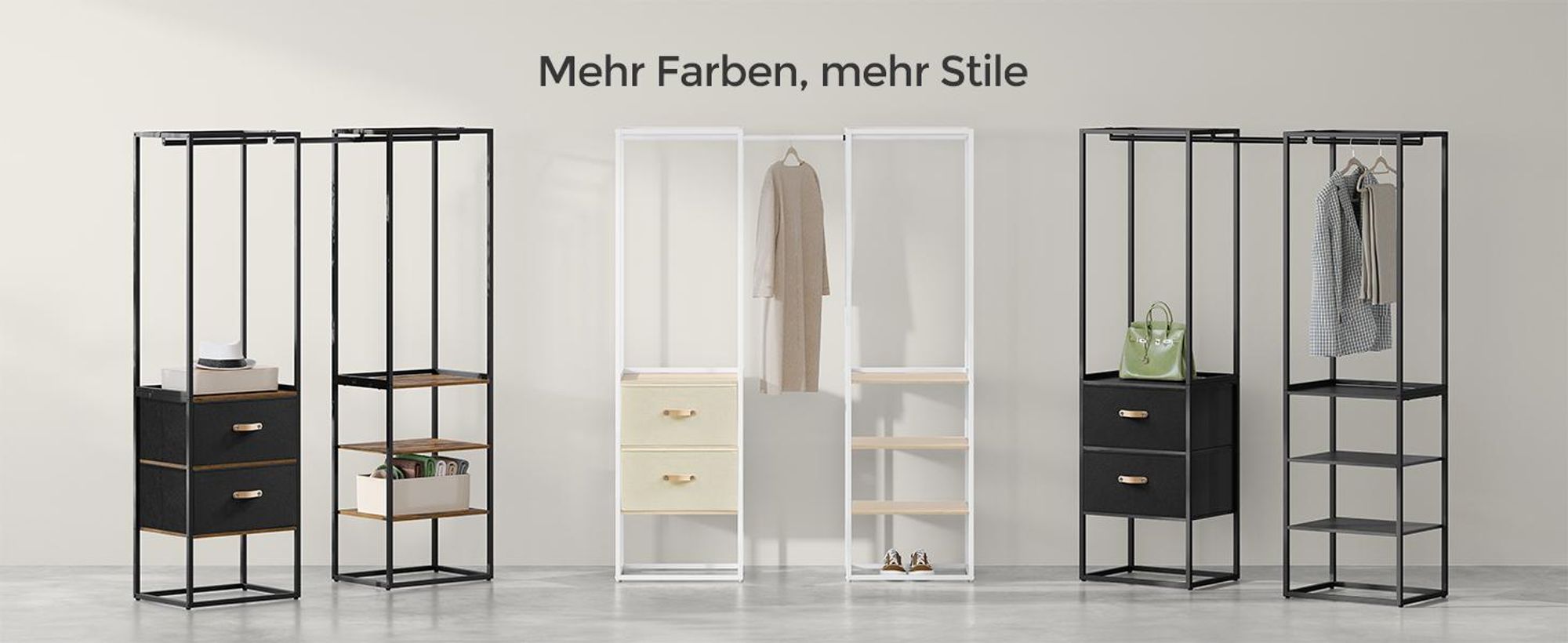 SONGMICS Kleiderständer, mit 1 ausziehbare Stange, 2 Schubladen, 4 Ablagen, hochbelastbar, platzsparend, Ebenholzschwarz