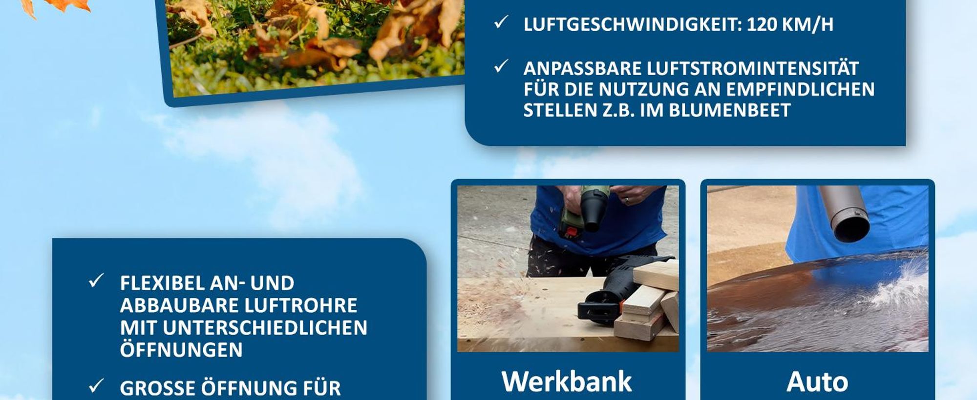 Genius Starlyf Power Blower Akku Laubbläser 7 tlg., kabelloses Laubgebläse, tragbarer elektrischer Akku-Staubbläser, 120 km/h, nur 1.5 kgGartengerät