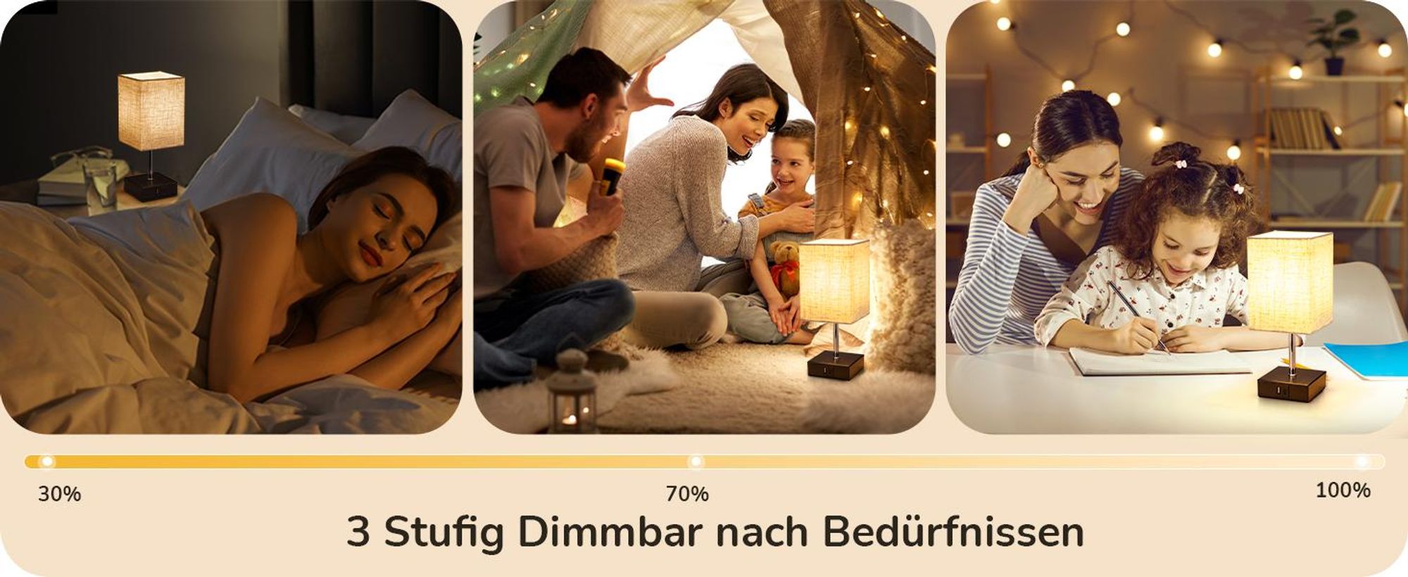 EDISHINE 2 LED Nachttischlampe Touch Dimmbar, mit Ladefunktion & Glühbirne,Tischlampe Schwarz