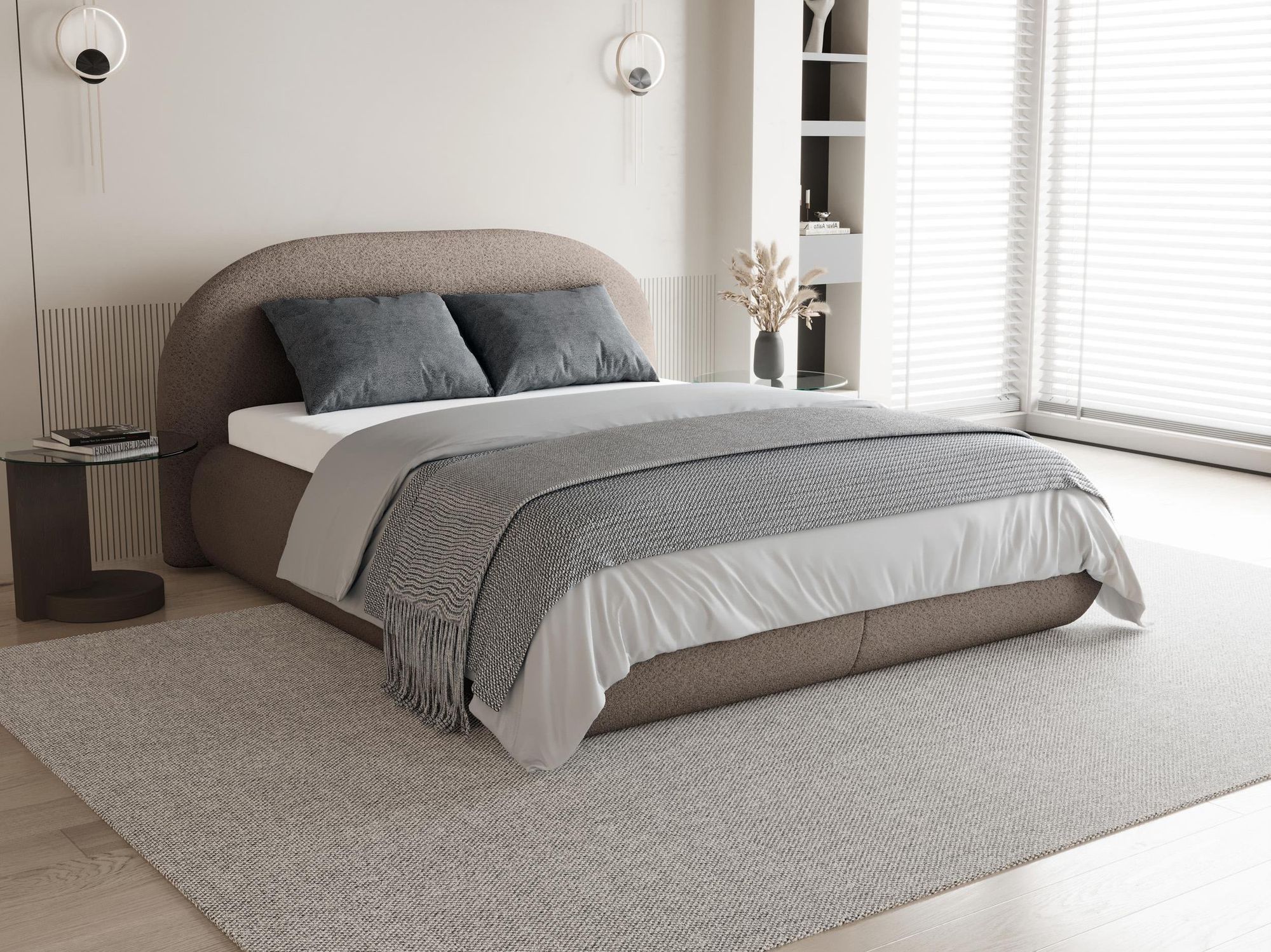 Polsterbett MOTTI in Schlafzimmer-Arrangement, Seitenansicht mit gepolstertem Kopfteil