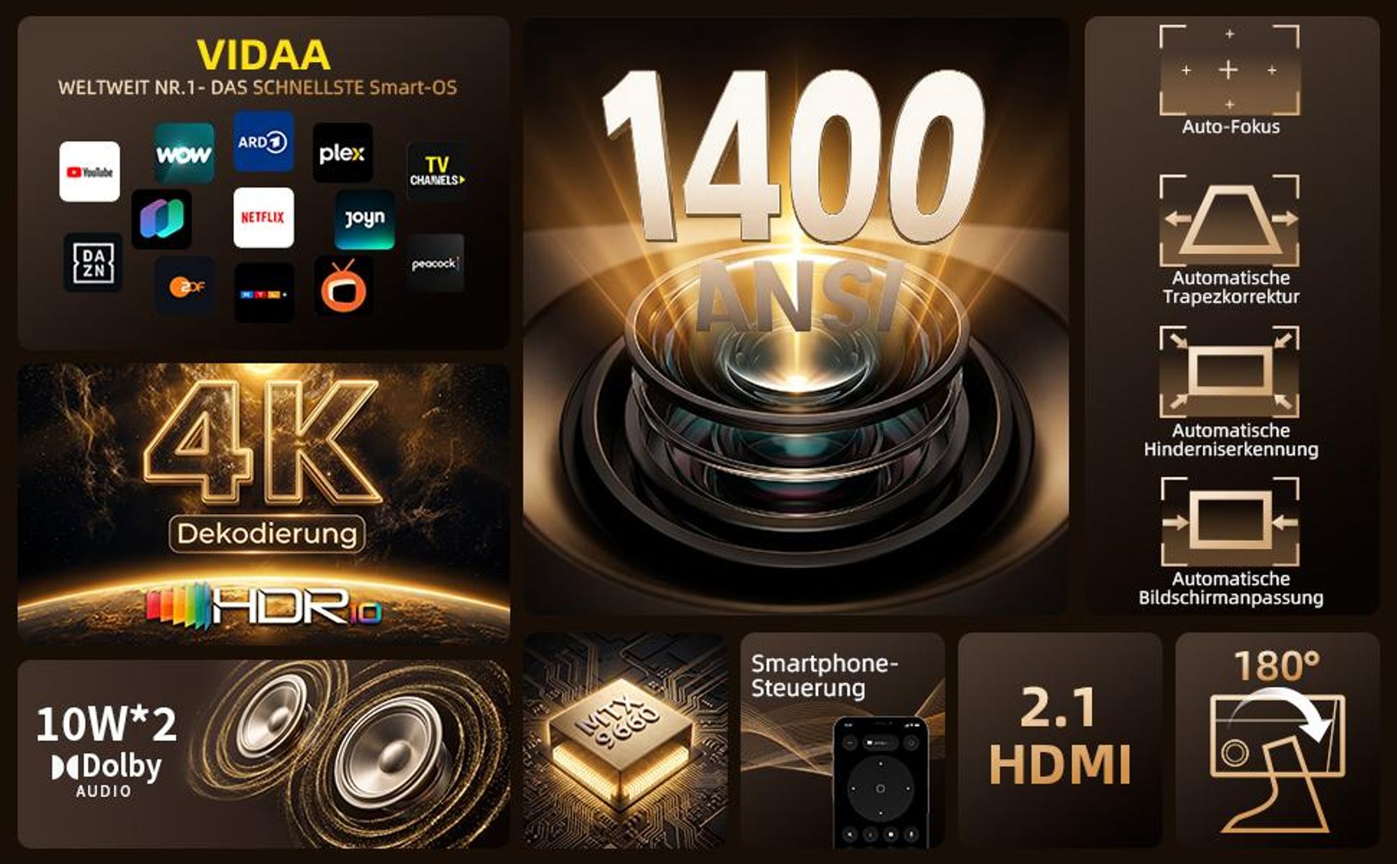 Beamer 4K, VIDAA OS, offiziell Netflix-, 1080P FHD,1400 ANSI, 2×10W Dual-Lautsprecher, Dolby Audio, KI-Autofokus & Auto-Trapezkorrektur