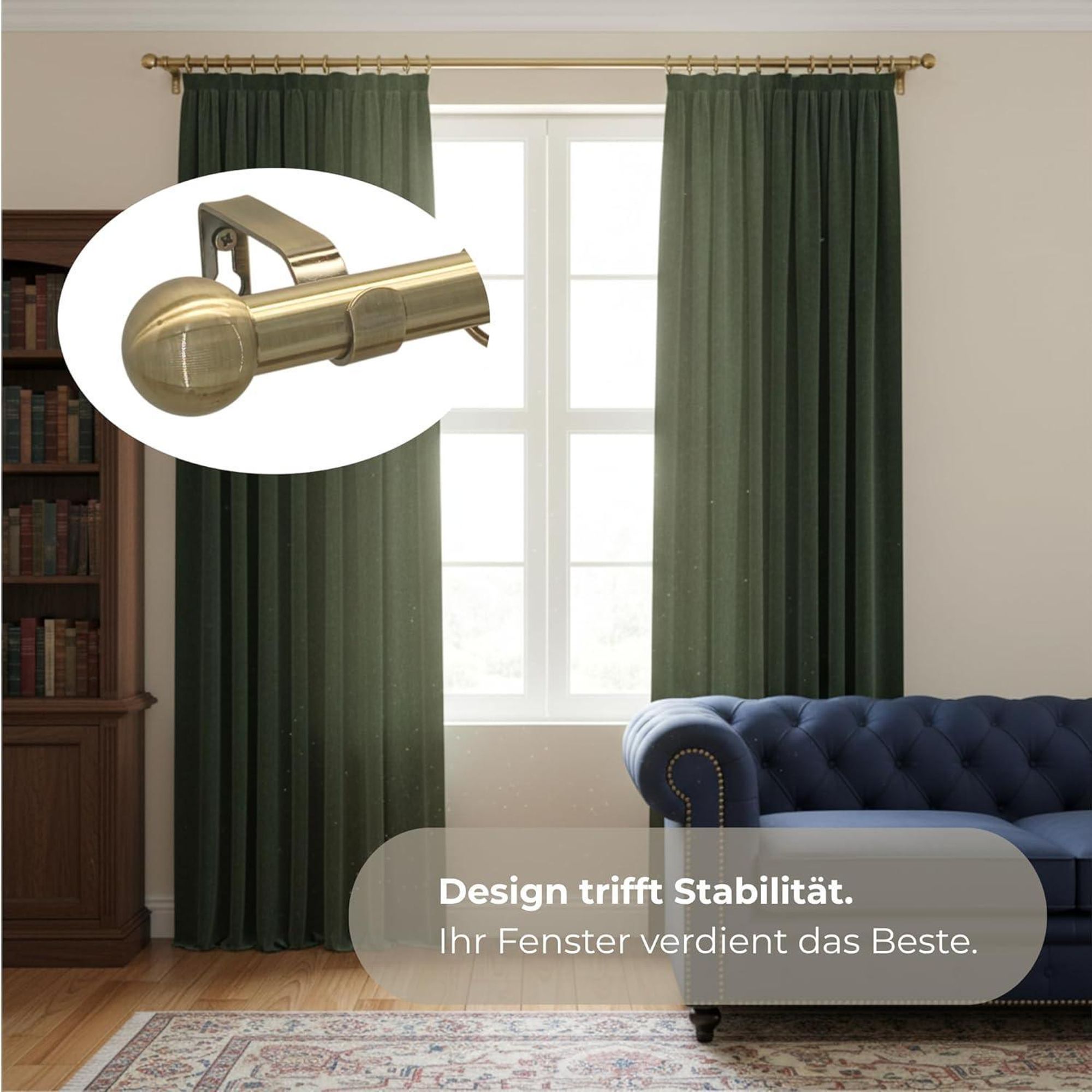 LOFT 320 cm Doppelte Gardinenstange 19 mm aus Metall mit Endstück FREZ Komplettset mit Ringen und Clips Inklusive Montagezubehörset Farbe Antikgold