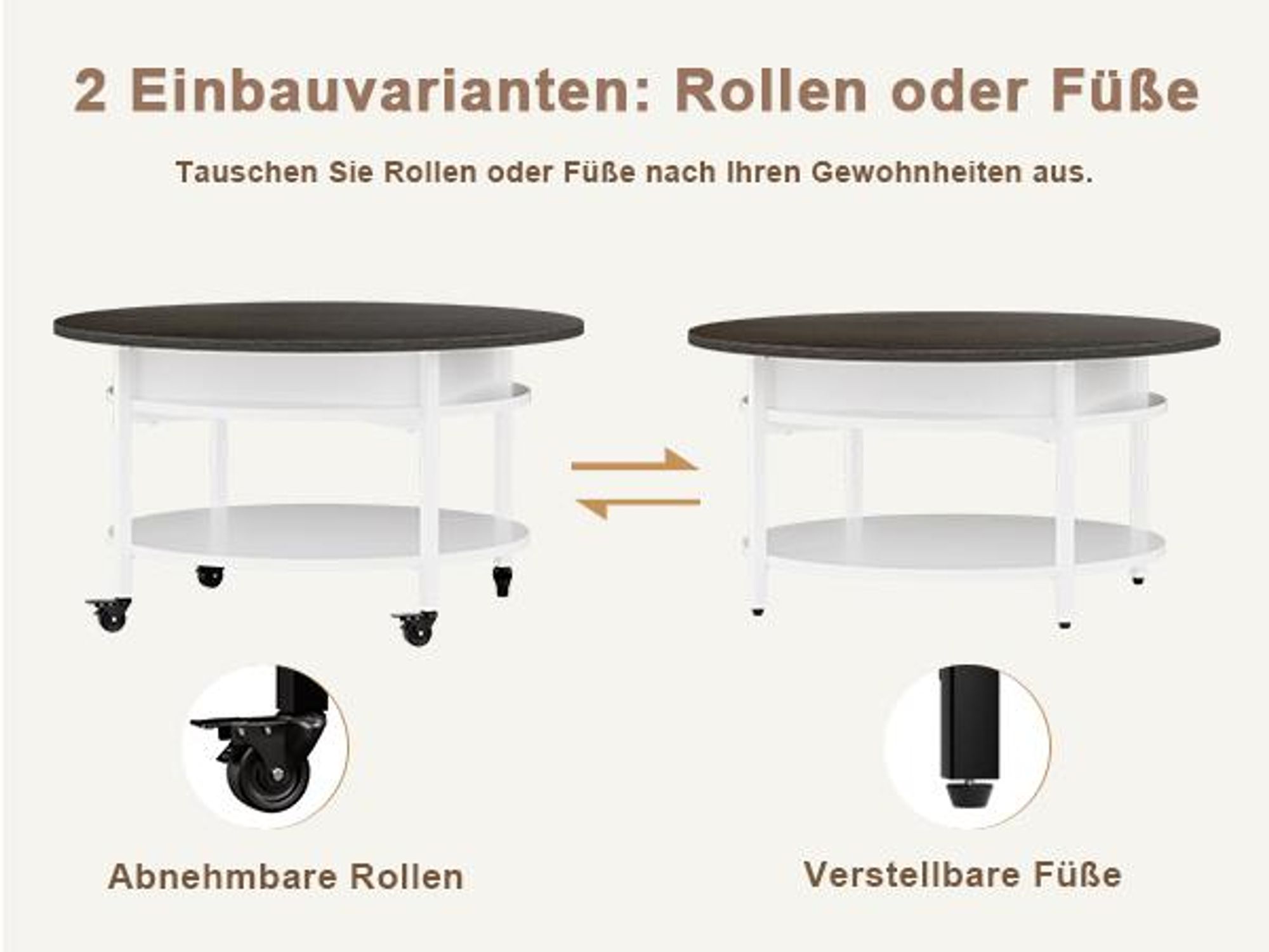 FABATO Runder Höhenverstellbarer Couchtisch mit Rädern und Staufach – 26,77 Zoll, 2-stufig, als Esstisch nutzbar, in Weiß