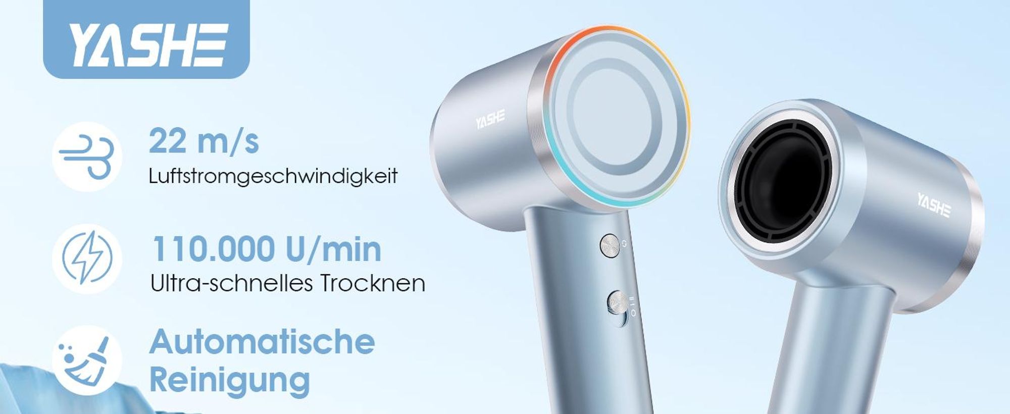 YASHE Ionen-Haartrockner HD-896, 1600 W, 110.000 U/min, Hellblau