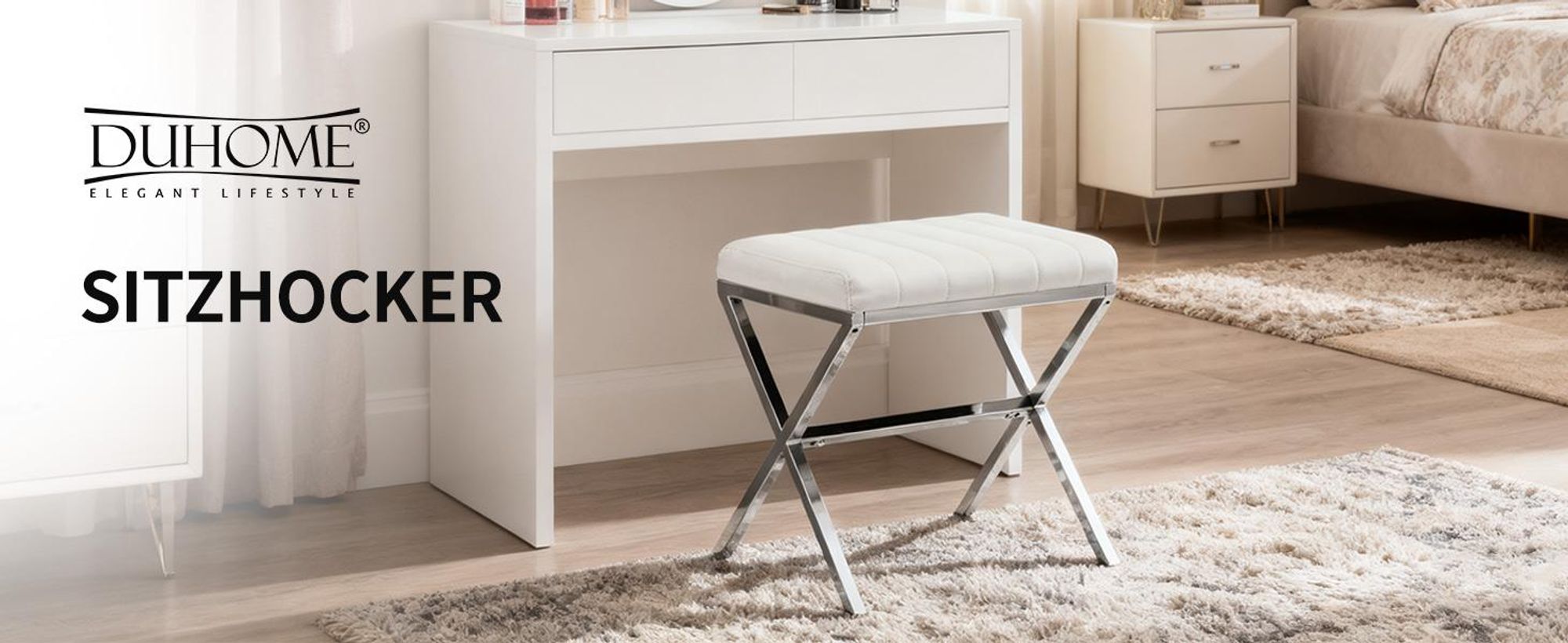 Duhome Sitzhocker Kunstleder, Polsterhocker Fußhocker Gepolstert Moderner Hocker mit Metallgestell für Schminktisch Flur Wohnzimmer Schlafzimmer, Model WY-9196A1, Farbe:Weiß