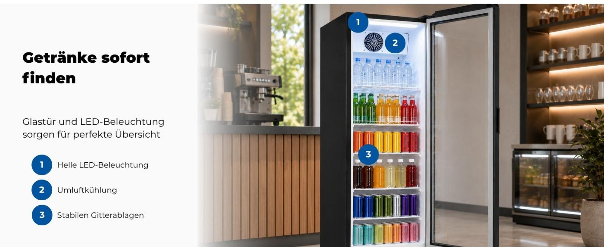 Exquisit Glastürkühlschrank, 280l Getränkekühlschrank mit LED, Umluft, 5 verstellbare Ablagen, CoolPro, GKS5260-GT-431D schwarz