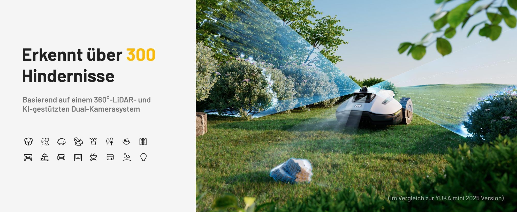 Mähroboter Mammotion YUKA Mini 2 1000 mit Garage, Waschständer, bis 1000 m², DropMow, Auto-Kartierung, Kantenschneiden, APP