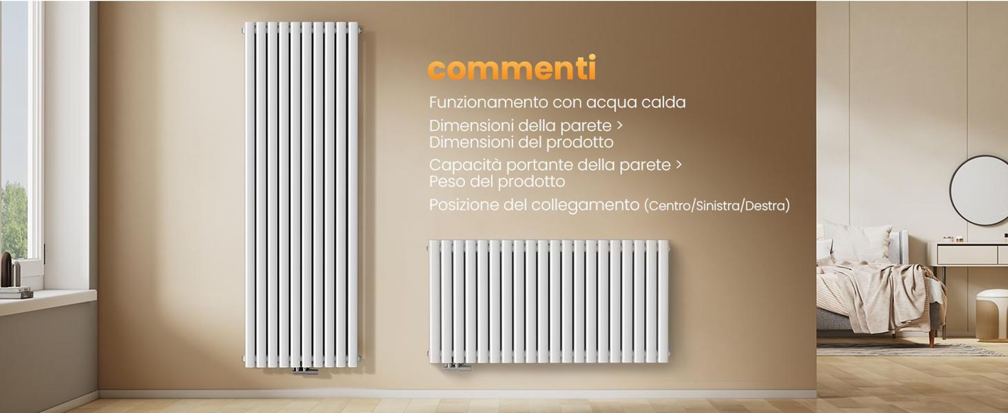 Radiatore di design EMKE 1800 x 600 mm radiatore verticale bianco ovale radiatore attacco centrale riscaldamento a doppio strato, 2175W senza elemento riscaldante