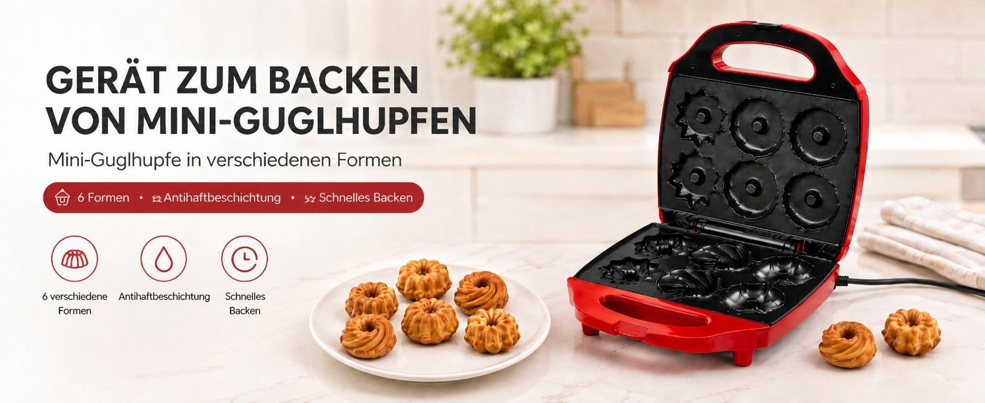 Kalorik Guglhupfbäcker Traditionsformen, 3 Formen für leckere Törtchen, 900 W, Rot, TKG CKM 1007 RD