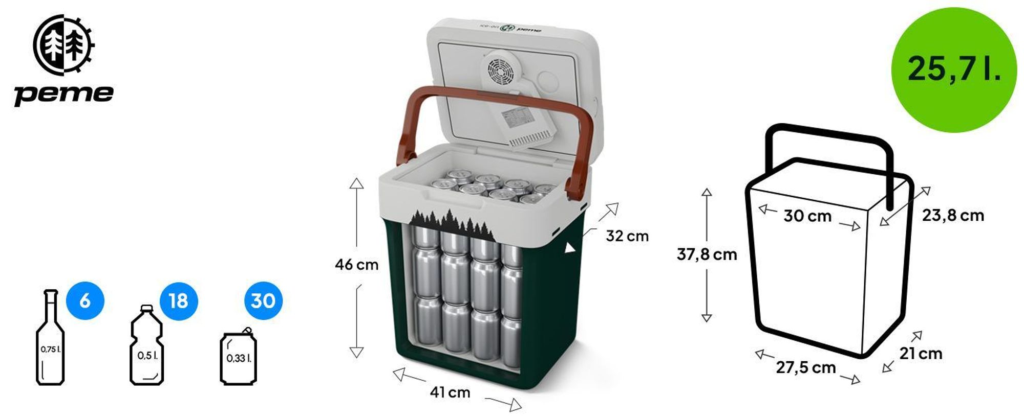 Glacière électrique PEME Essential 26 L 12 V 230 V - Sac isotherme thermoélectrique pour voiture, camping, mini-réfrigérateur, boîte isotherme, USB, ECO, silencieux, noir