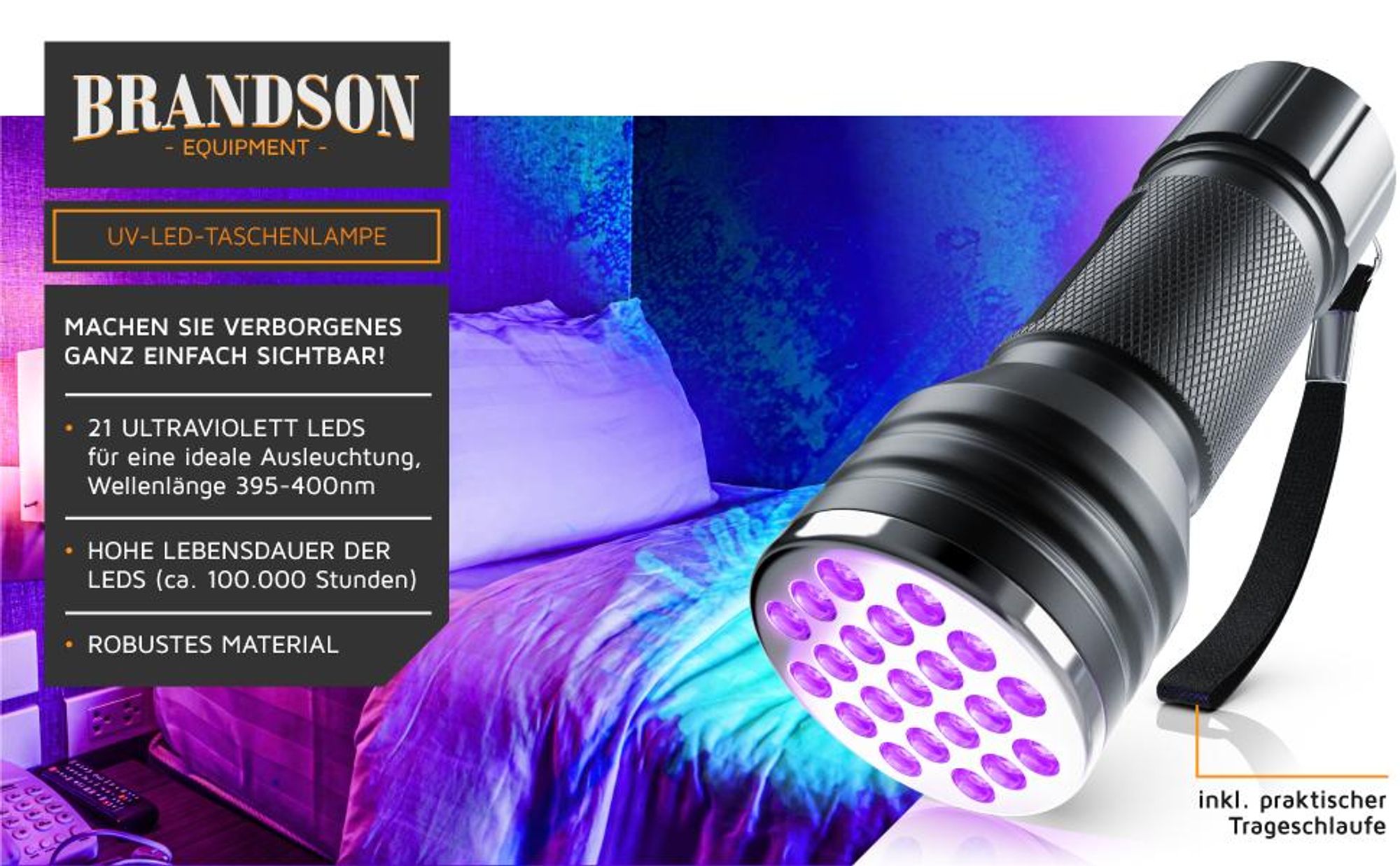 Brandson UV Taschenlampe, Schwarzlicht Handlampe, Bernsteindetektor, Mini Ultraviolett Leuchte 21x LEDs