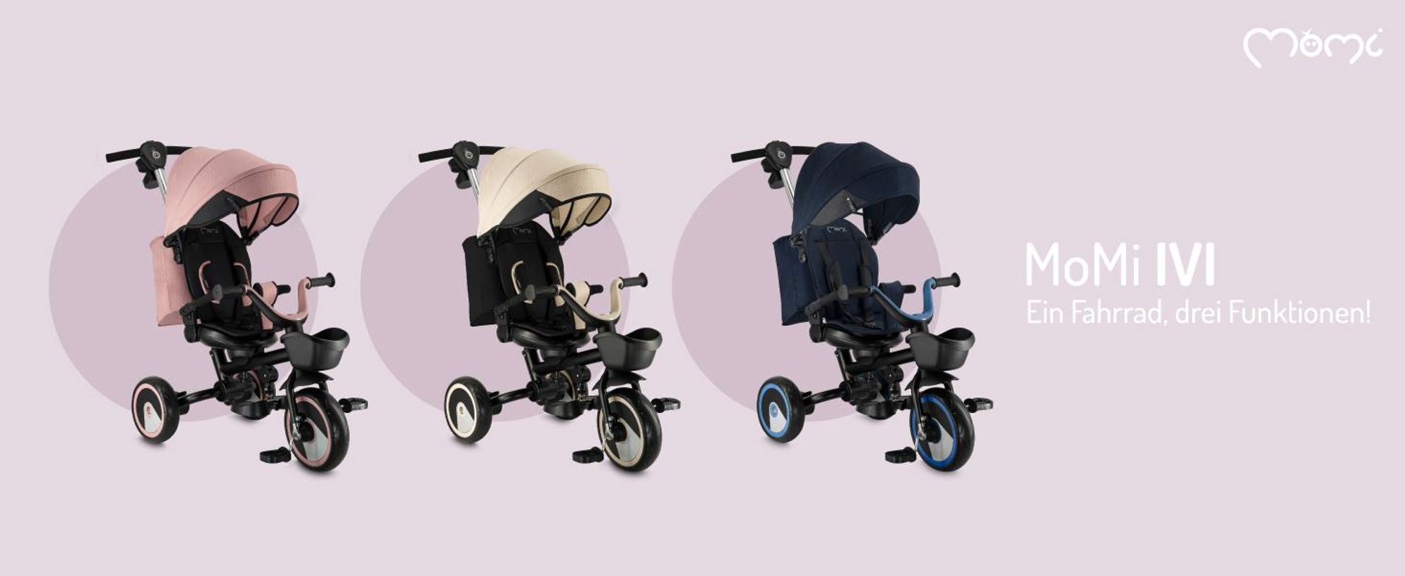 MoMi IVI Kinderdreirad 3-in-1 Beige – 360° drehbarer Sitz, 3-Punkt-Gurt, höhenverstellbare Schiebestange, Sonnendach, PolyurethanRäder, Frontkorb – ab 9 Monaten