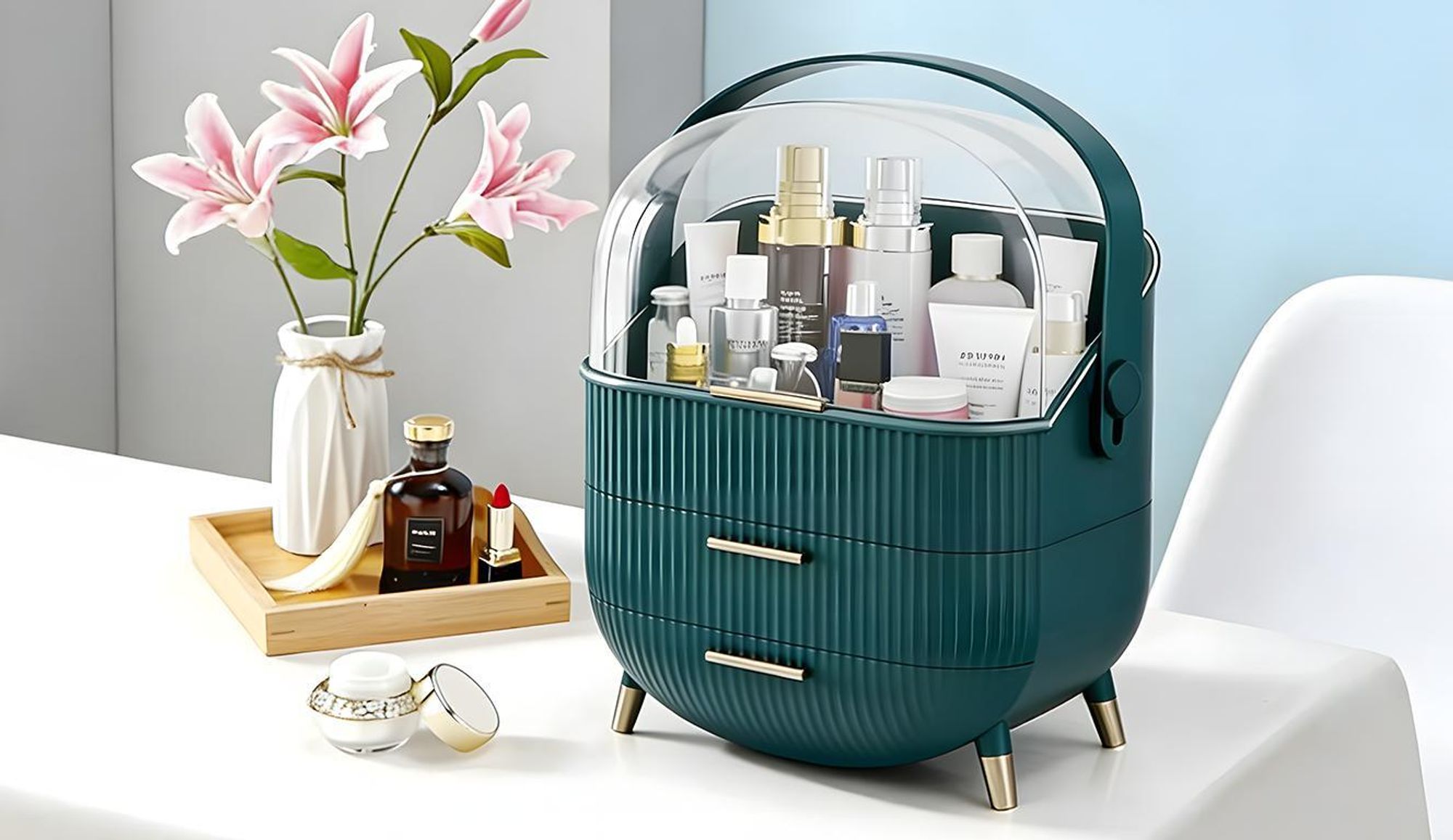 ZMH Make-Up Organizer Kosmetikorganizer mit 2 Schubladen Aufbewahrungsbox(26x16x38 cm)für Kosmetik Lippenstifte Schlafzimmer Kommode Dunkelgrün