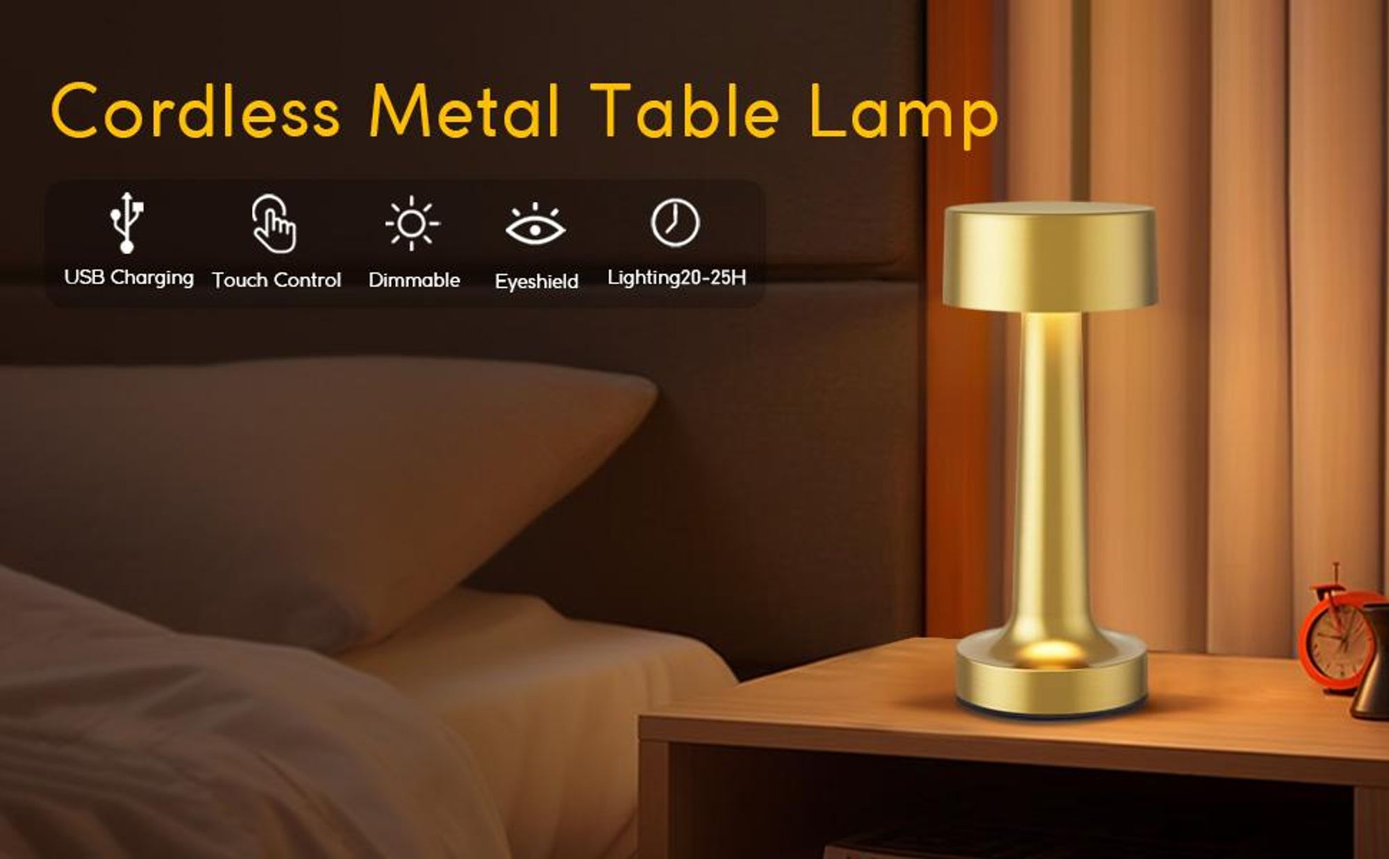 LED-Tischleuchte, Kabellos Dimmbar Tischleuchte, 3 Helligkeitsstufen,Touch Steuerung Nachttischlampen, USB Wiederaufladbare,Warmweiß Nachtlicht, gold