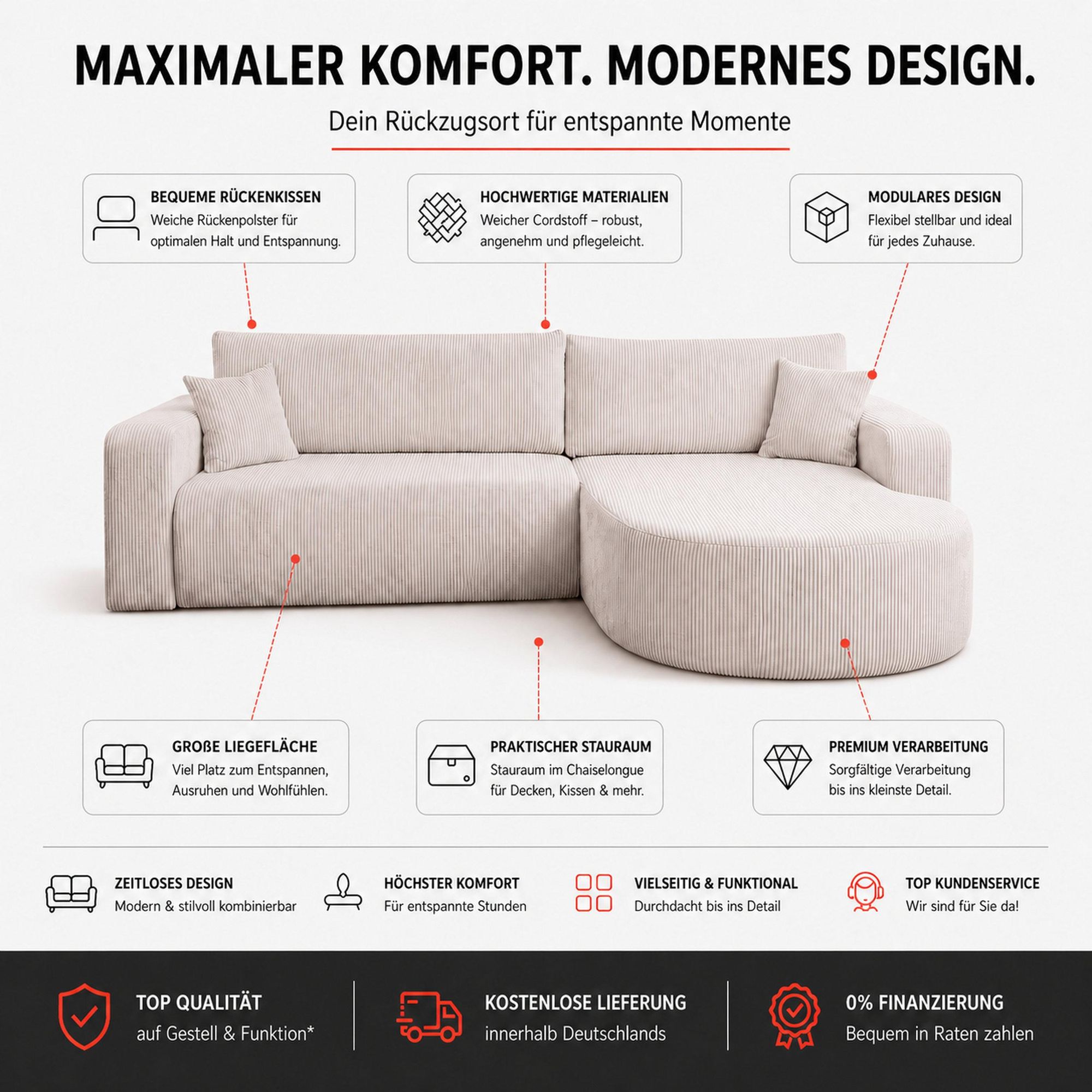 VENASI TOKIO Ecksofa mit Schlaffunktion und Bettkasten aus Cord – Schlafsofa Eckcouch Sofa Braun