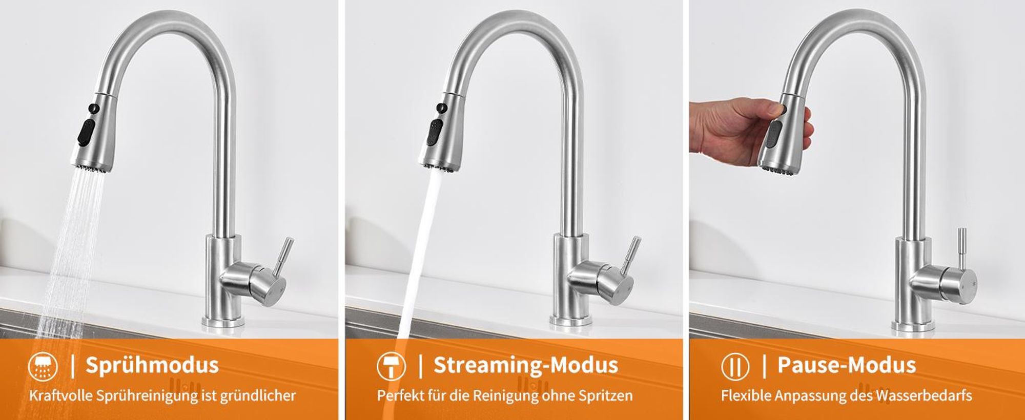 Homelody Wasserhahn Küche Edelstahl,Küchenarmatur 360°Schwenkbar,Armatur Küche 3 Strahlarten Geschirrbrause,Hochdruck Mischbatterie Küche mit Brause