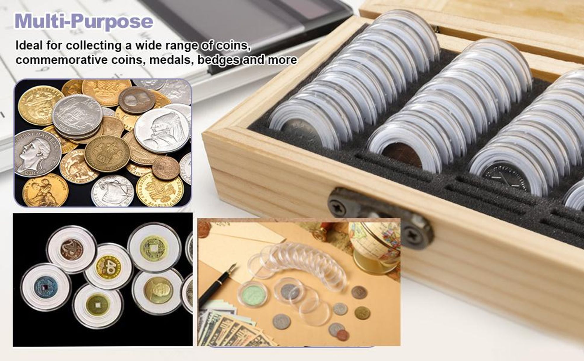 Münzsammelbox, Münzhalter, Münzbox aus Holz, 100 Stück Münzen Sammelbox, Münzsammlung, mit Runden Münzkapseln, für Münzen 18mm bis 30mm