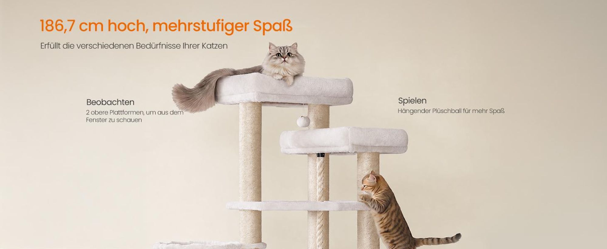 FEANDREA Kratzbaum, mehrstöckiger Katzenbaum, dicke Sisalstämme, für große Katzen, Katzenkratzbaum, weiß