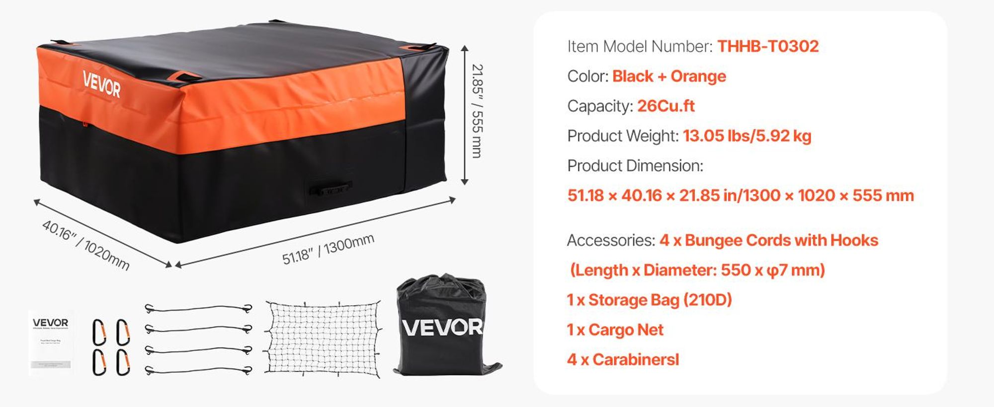 VEVOR Anhängerkupplungs-Laderaumtasche, wasserdicht 840D PVC, 60,24 x 24,02 x 35,94 Zoll (30 Kubikfuß), strapazierfähige Laderaumtasche für die Lagerung im Lkw-Bett mit verstärkten Riemen, geeignet für Auto SUV Vans Anhängerkorb, 26 Cu.ft, Hohe Konfiguration-a