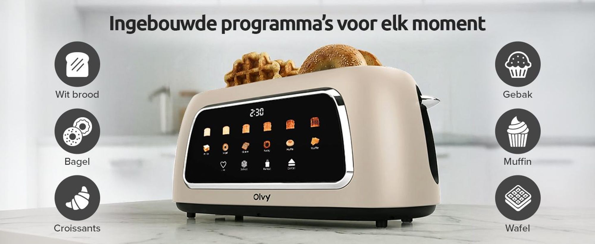 Olvy Broodrooster, 4 sleuven, lange sleuven, digitaal display met timer, 6 bruiningsgraden, brede sleuven, ontdooifunctie en opwarmfunctie, 1500W, beige