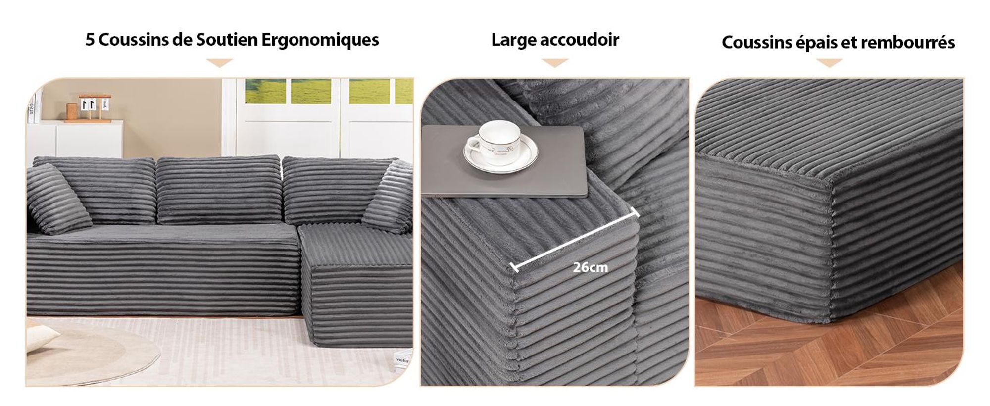 COMHOMA Sofa Big-Sofa, Canapé en L, Canapé d'angle, Chaiselongue Canapé-lit avec assise profonde et larges accoudoirs, tissu velours côtelé gris