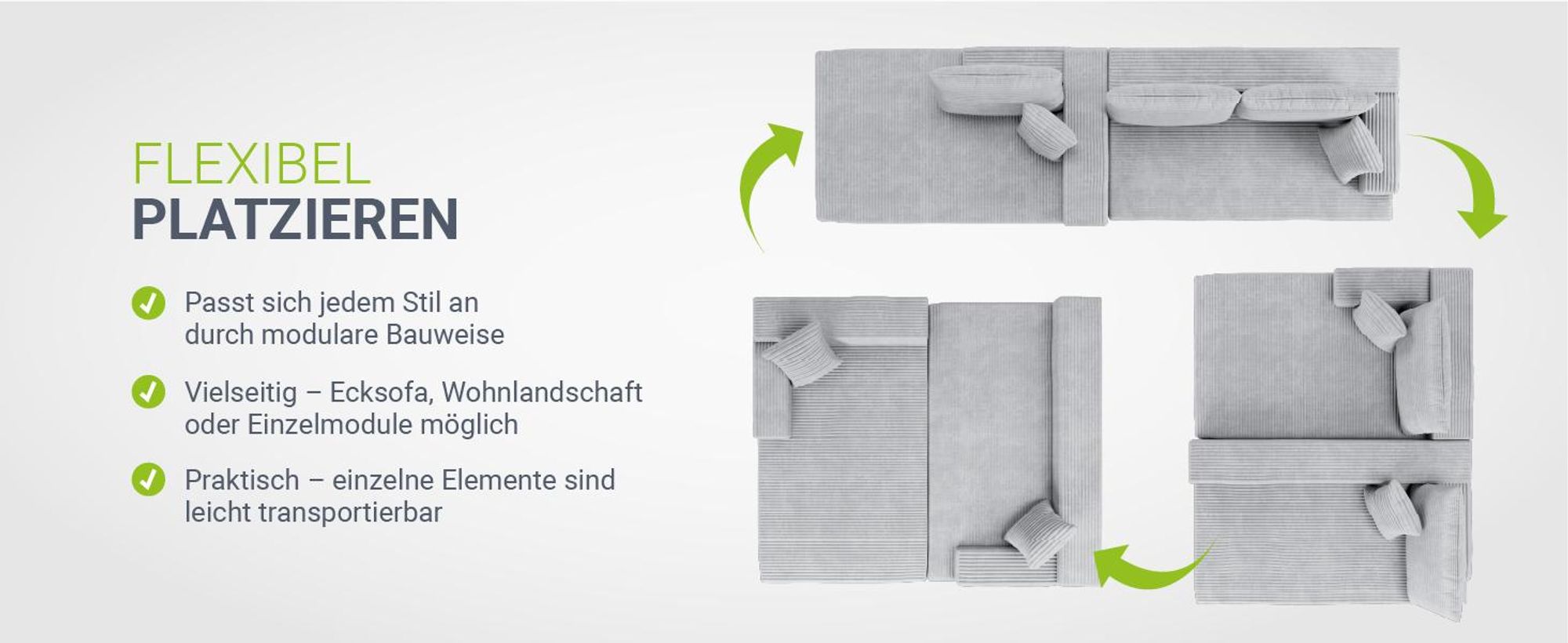 Juskys Sofa Coredo - Hellgrau, moderne Couch aus Cord mit Kissen, Ottomane links