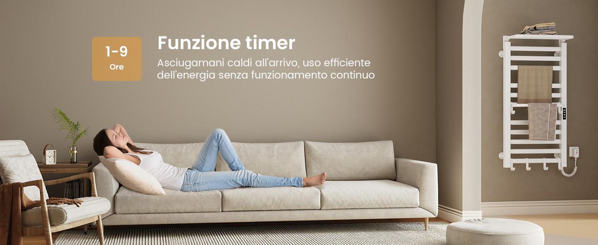EMKE Scaldasalviette elettrico 1000x500 mm, 280W, doppia fila, tubi piatti, ripiano e ganci, WiFi Tuya Alexa, bianco lucido