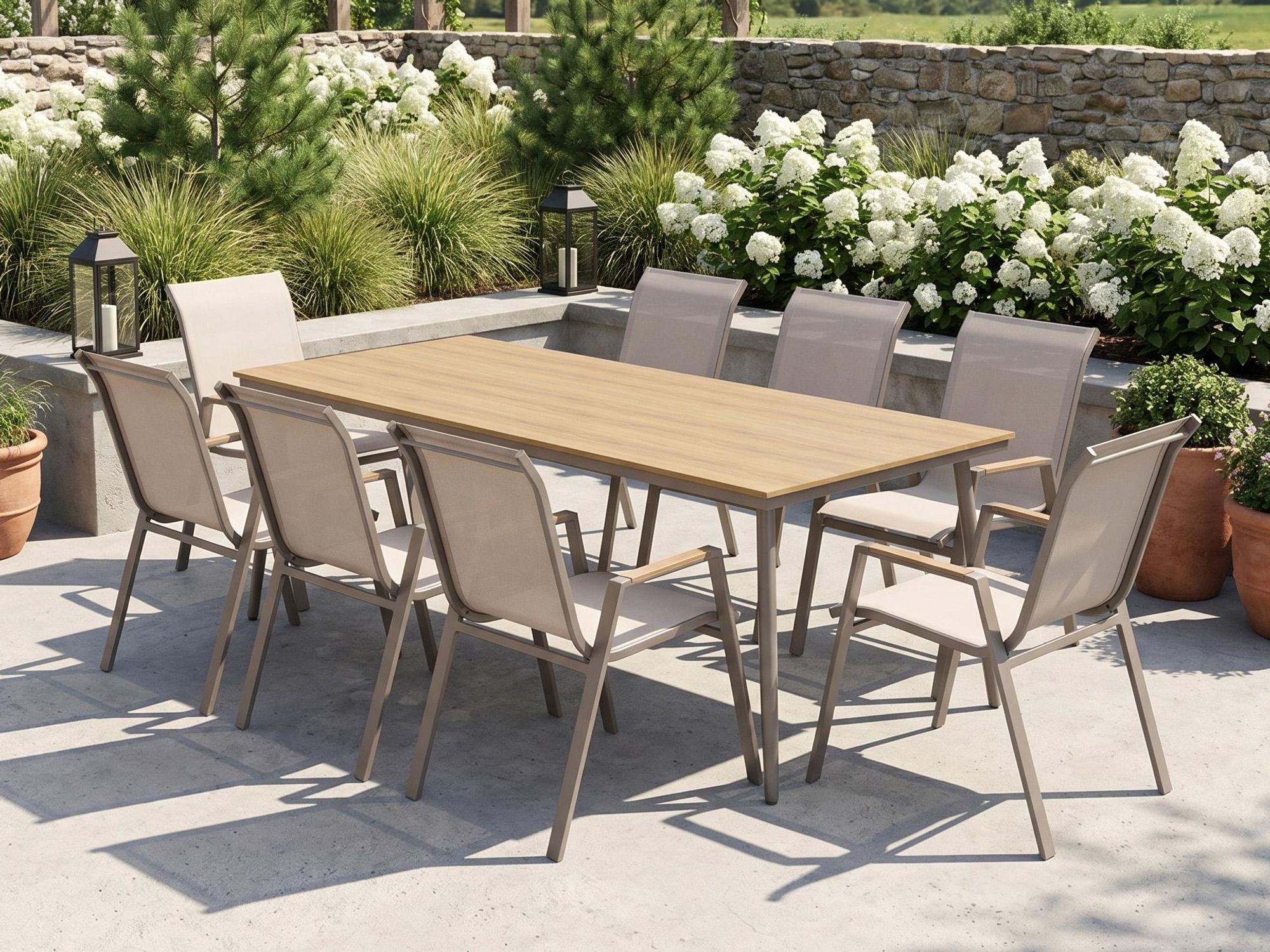 BEAUTYSOFA | VALENCIA 8+1 Garten Essgruppe Taupe – Gartenmöbel Set mit Tisch und 8 Stühlen, Gartengarnitur, Terrassenmöbel, Sitzgruppe für 8 Personen