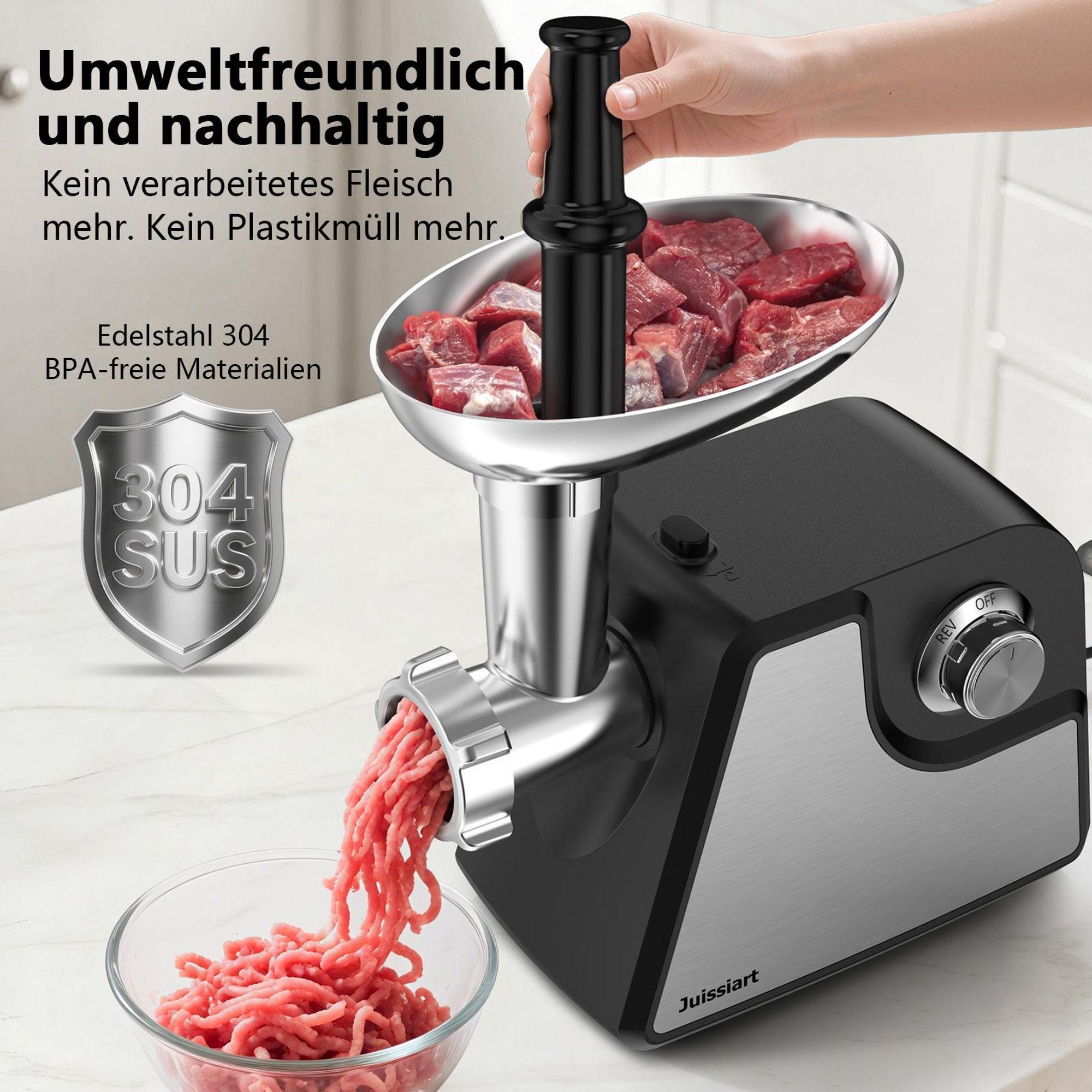 Juissiart MG4150R Elektrischer Fleischwolf - 300W Leistung 1.2KG/Min Fleischausbeute Klingenmaterial 420 pulvermetallurgischer Stahl - Schwarz