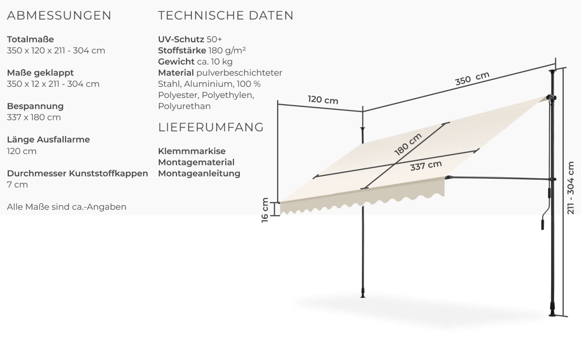 tectake® Klemmmarkise mit Handkurbel einfache Montage
