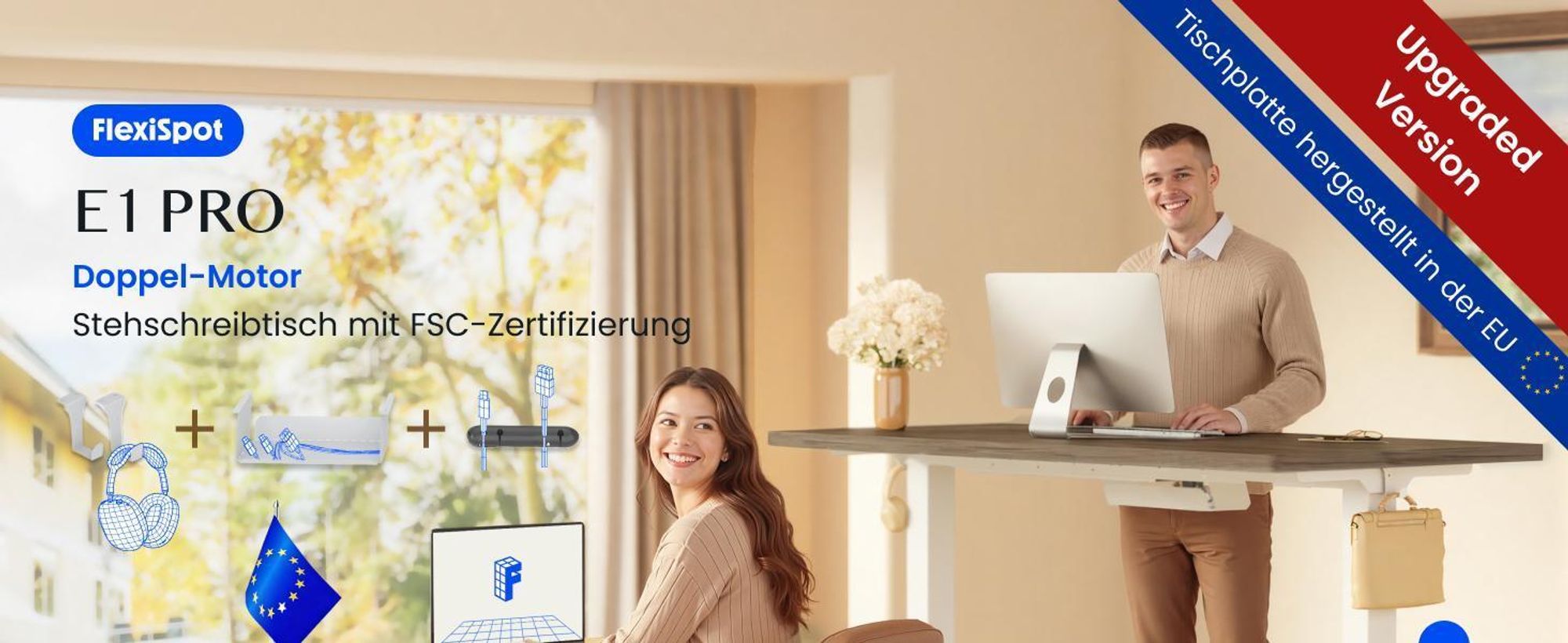 FLEXISPOT E1 Pro Elektrisch Höhenverstellbarer Schreibtisch EU, 160x80cm 25MM EINTEILIGE TISCHPLATTE Doppelmotor 120KG Tragkraft Kaffee-Eiche Optik
