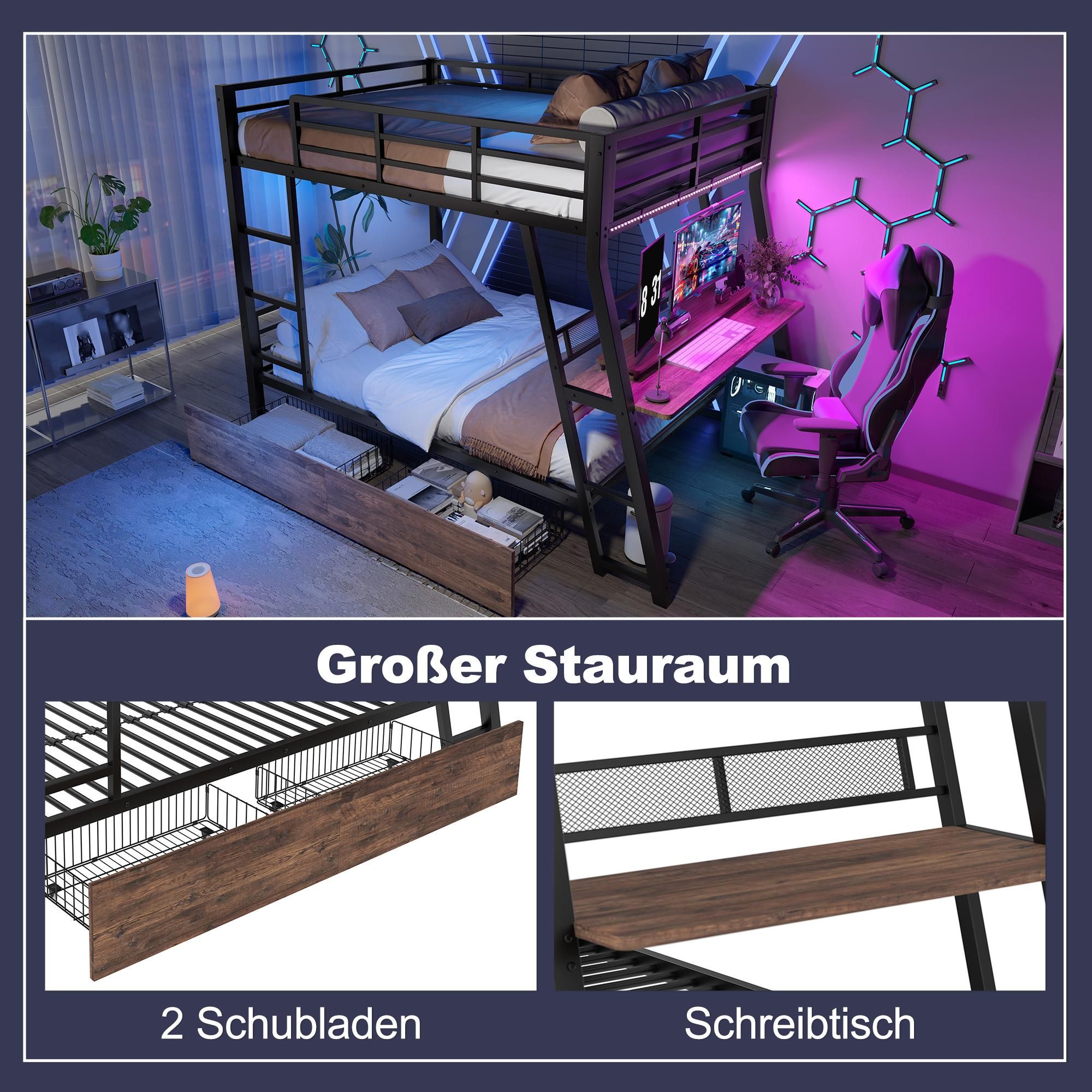 Merax Etagenbett Hochbett 140x200 cm, Kinderbett mit Schreibtisch, LED, 2 Schubladen, Geländer & Treppe, Stockbett Eisenbett, Schwarz