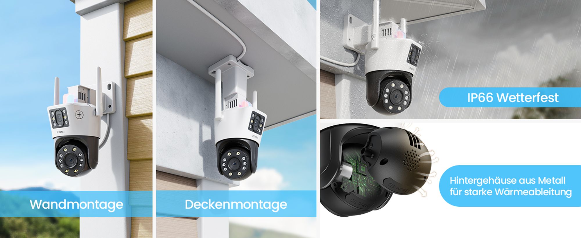 ZOSI 4MP+2MP Aussen WLAN Überwachungskamera mit Doppelobjektiv, 2.4GHz WiFi Pan/Tilt Kamera, 2-Wege-Audio, Personenerkennung und Verfolgung, C298 SE