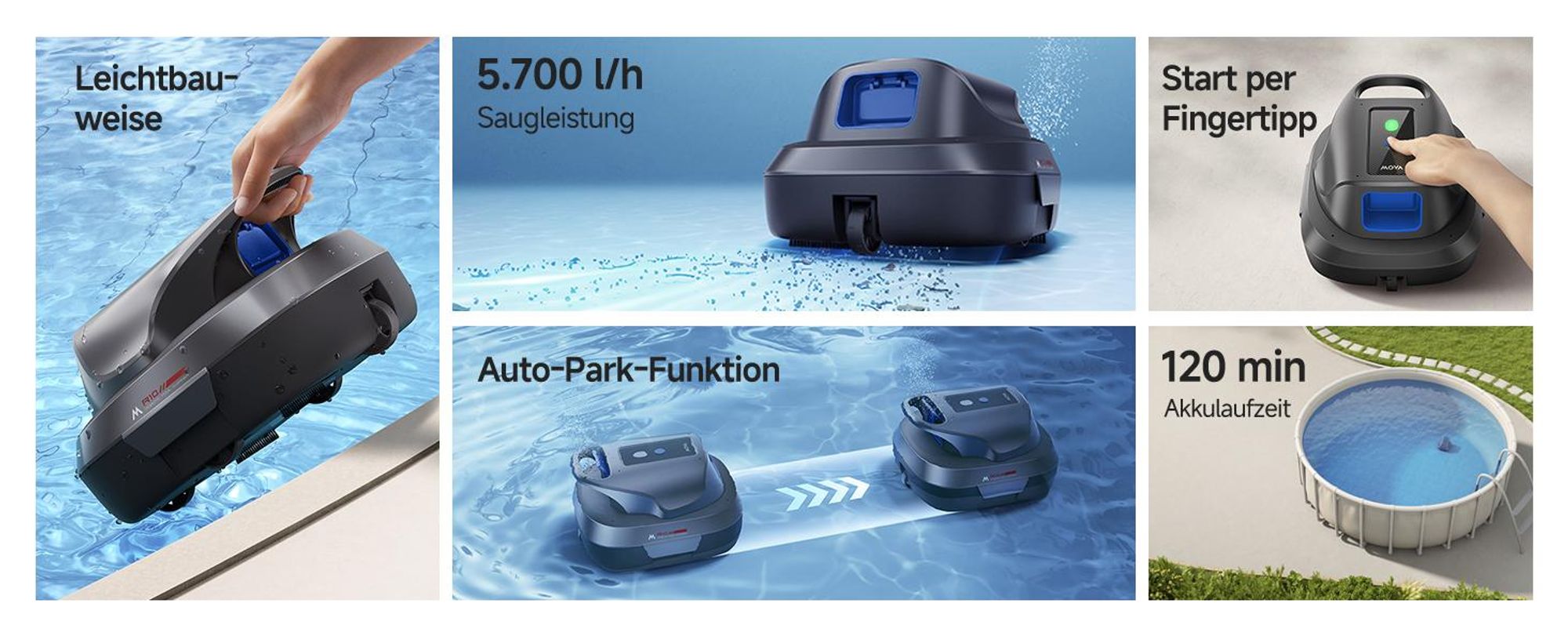 MOVA Diver R10 Poolroboter kabellos, 5700 l/h Saugleistung, 120 Min Laufzeit, automatisches Parken, für oberirdische Pools bis 80 m²