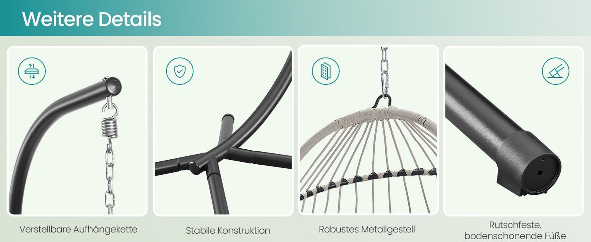 SONGMICS Schaukelstuhl mit Gestell, klappbarer Korbsessel höhenverstellbar, Hängeschaukel für Garten Balkon, Kissen, grau