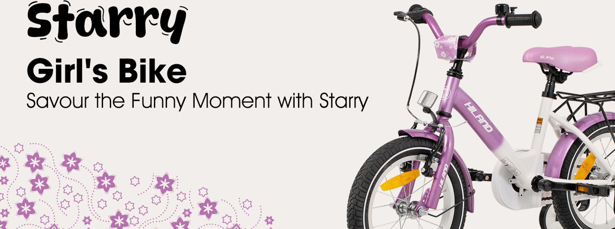 HILAND Starry 12 Zoll Kinderfahrrad für Mädchen ab 3 4 5 6 7 Jahren, mit Stützräder, Gepäckträger, Klingel, Handbremse und Rücktrittbremse, Lila