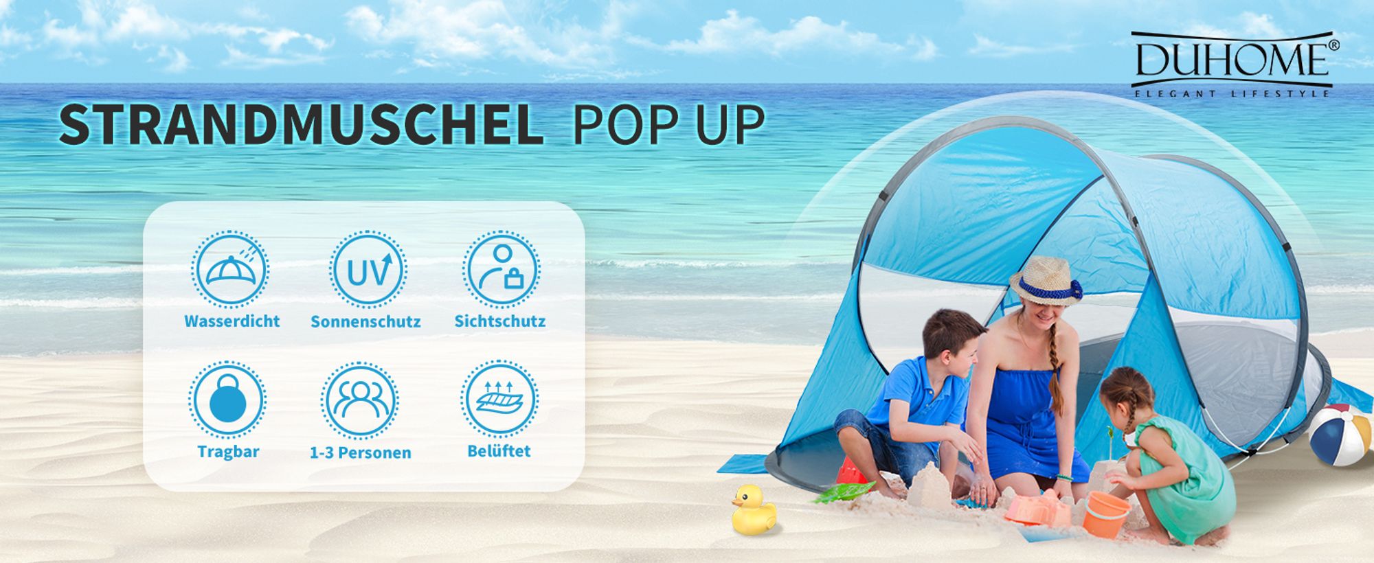 Duhome Strandmuschel Pop Up Strandzelt Wetter- und Sichtschutz Wurfzelt Tragbar UV40+ Pavillon 3 Personen für Camping Picknick, Hellblau